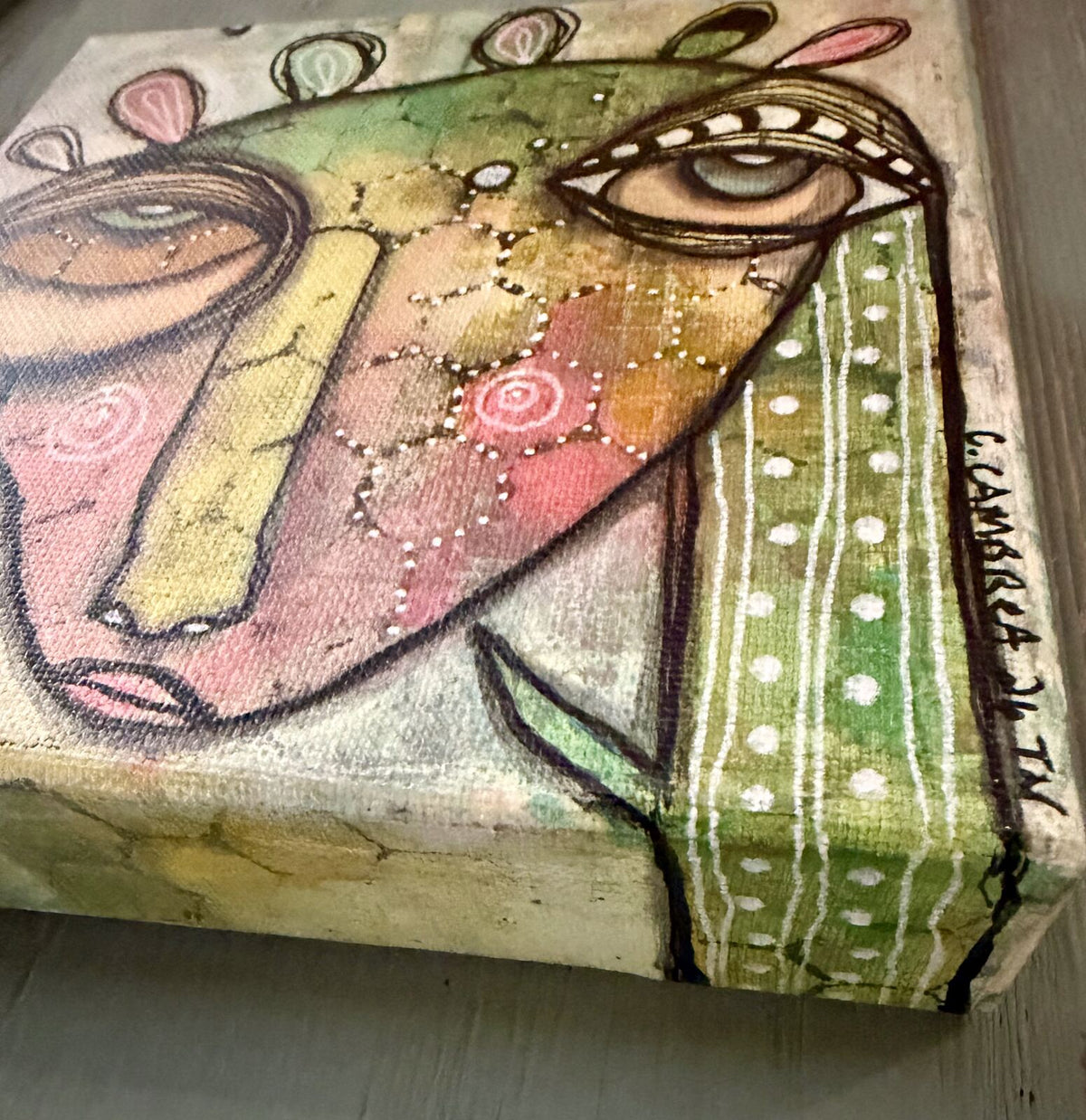 I Wonder - angled detail view showing canvas edge, original mixed media painting by C. Cambrea