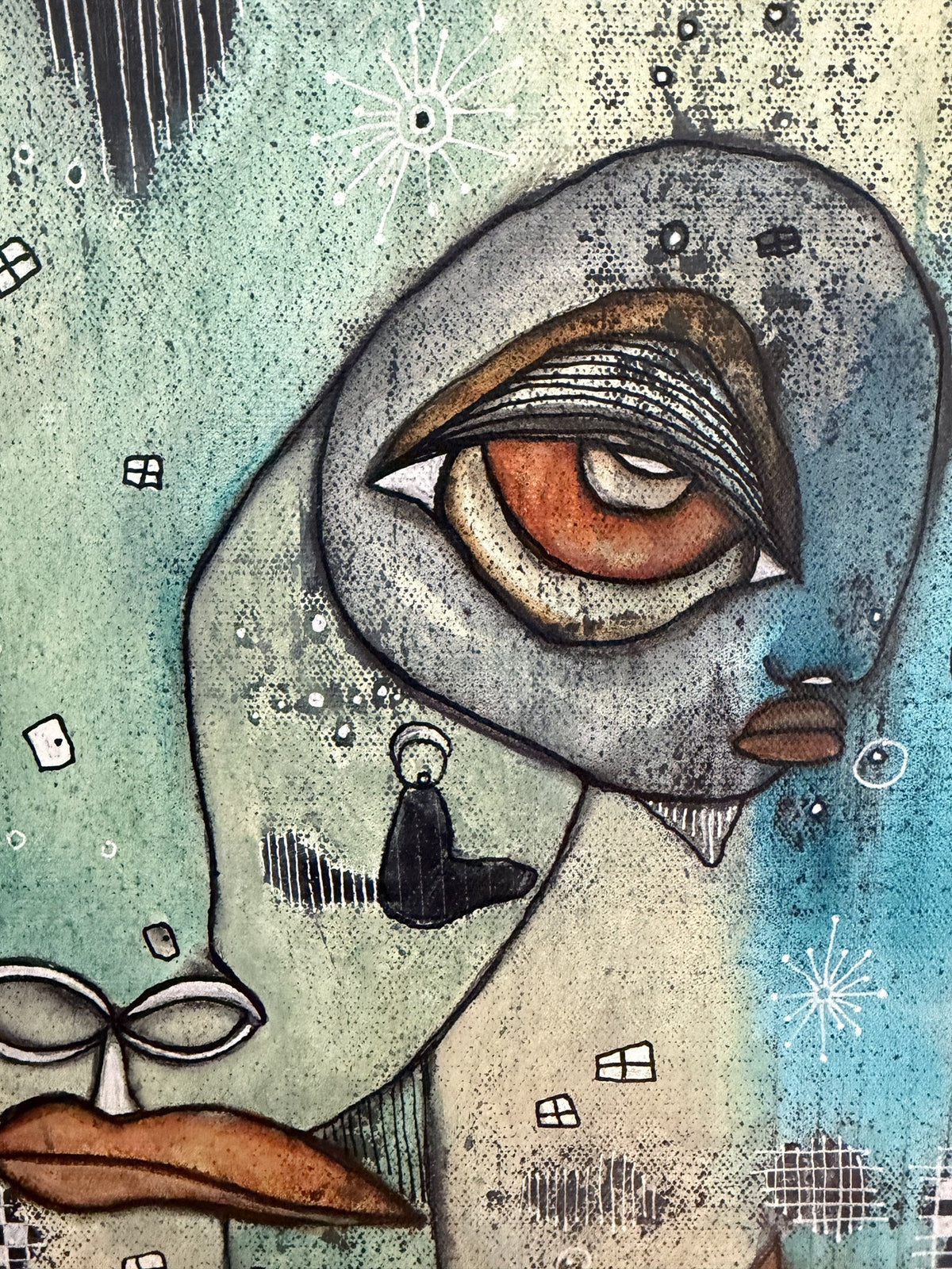 Close-up detail of a stylized eye with patterned lashes, soft lips, and a small dangling earring