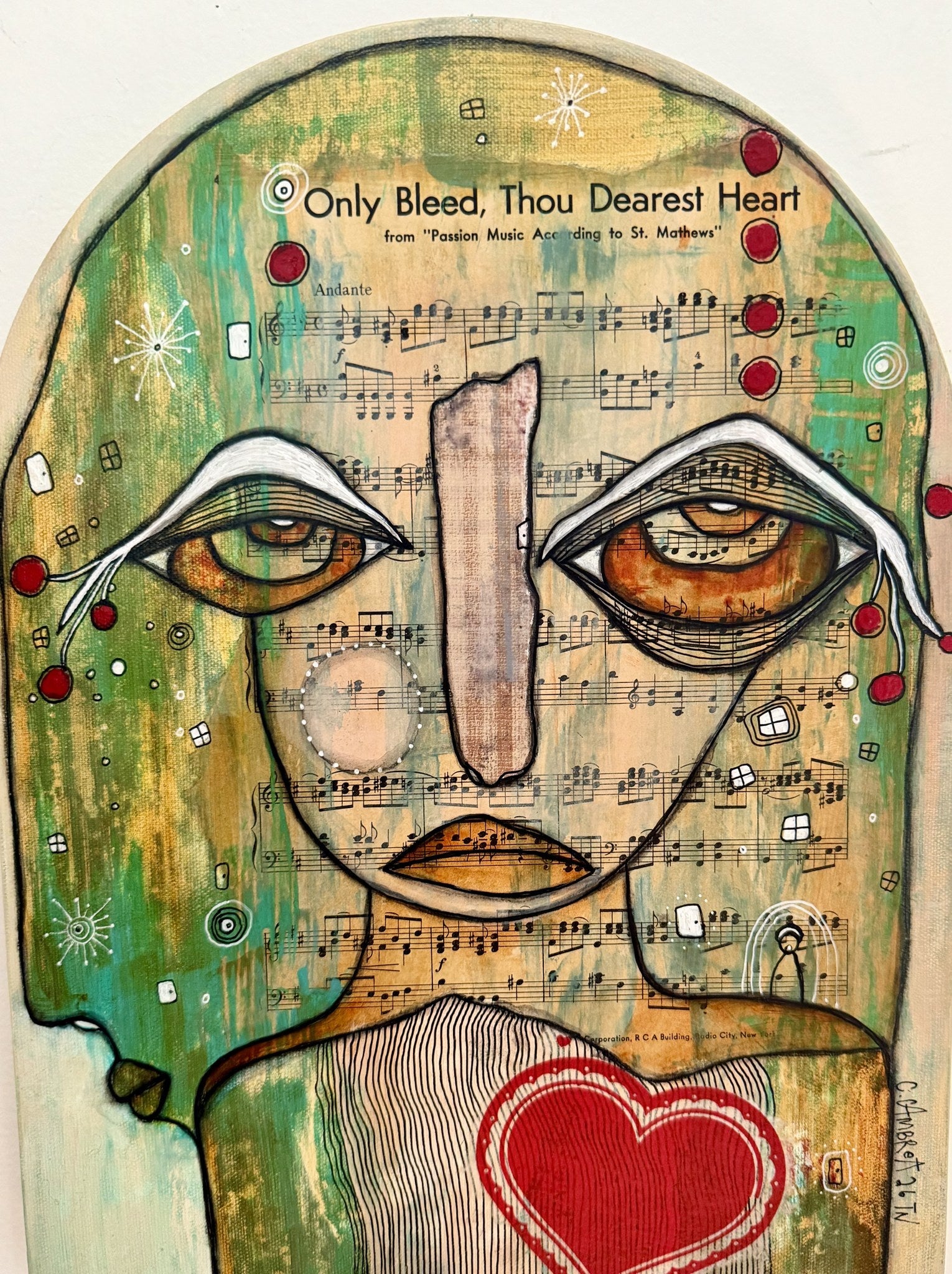Arched wood panel face painting on sheet music titled 'Only Bleed, Thou Dearest Heart,' with red heart.