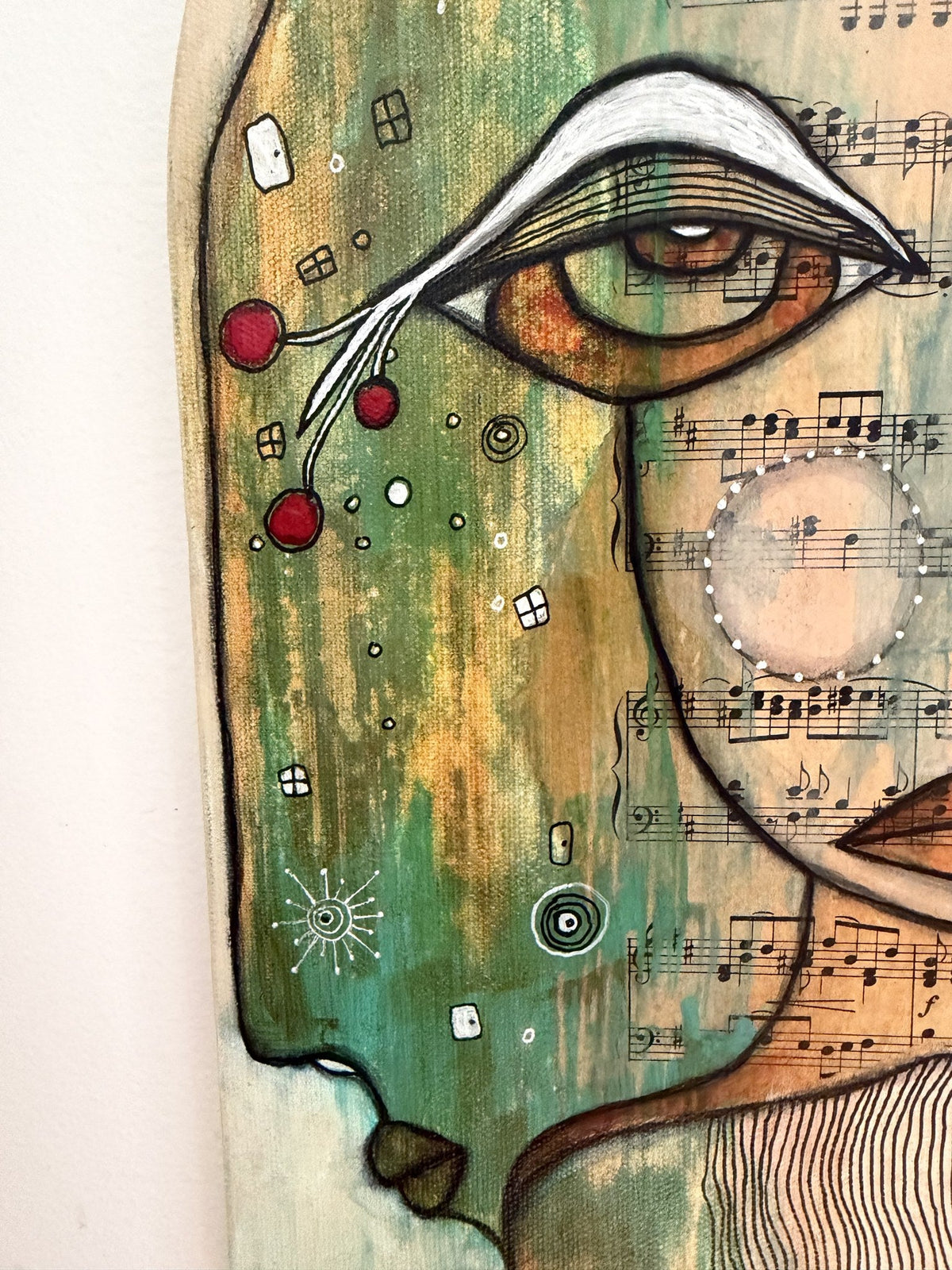 Detail of one eye with cascading red berry-like dots over green and gold sheet music texture.