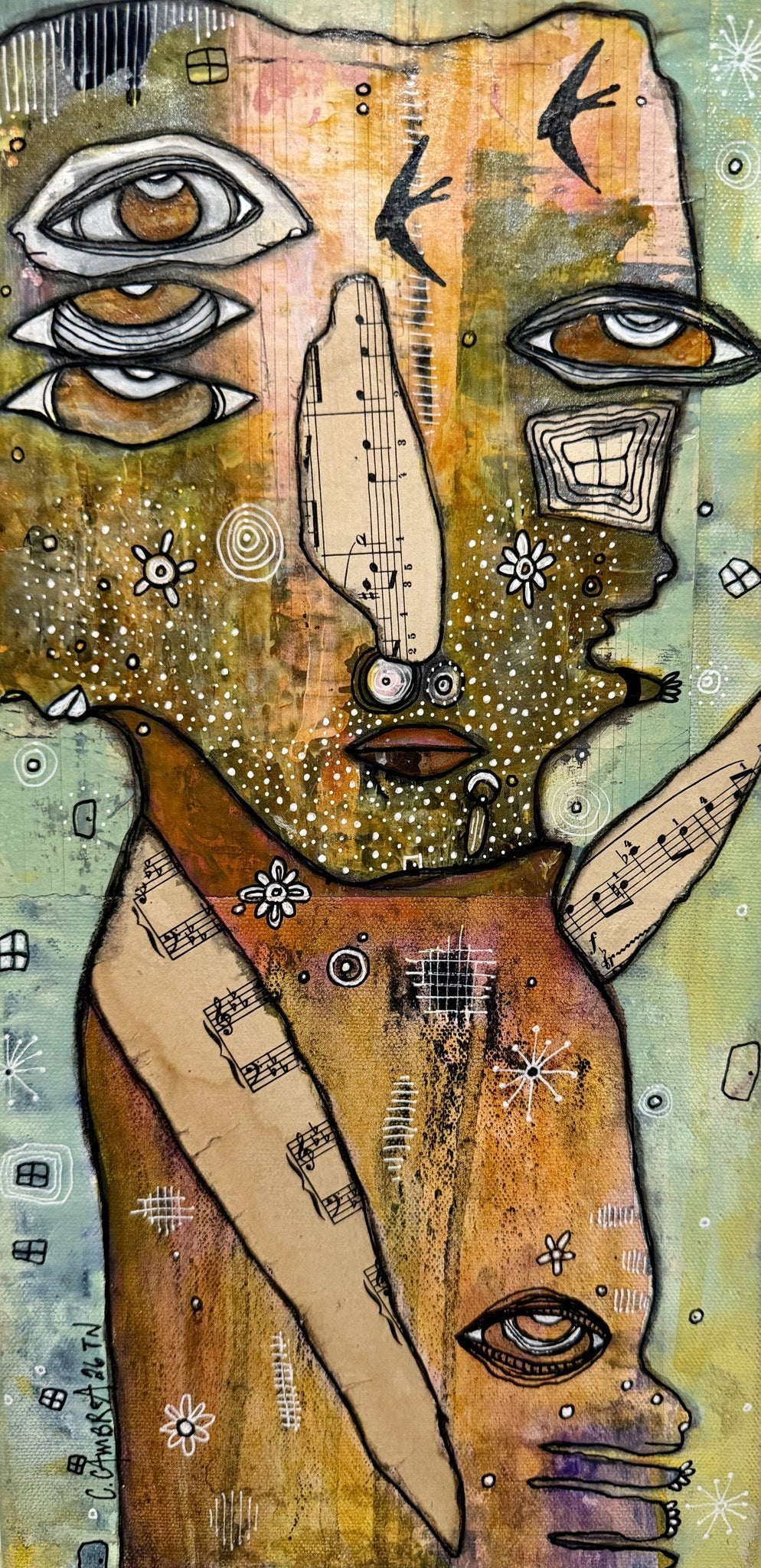 Full canvas view: figure with three stacked eyes, sheet-music wing shapes, flying birds, warm earthy palette