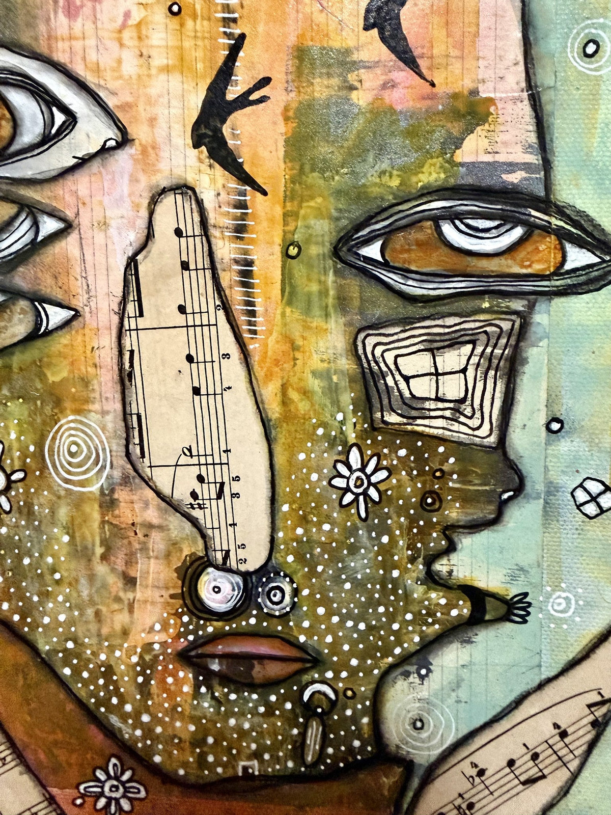 Detail of single eye, vertical sheet-music strip, flying bird, and patterned window motif on aged canvas