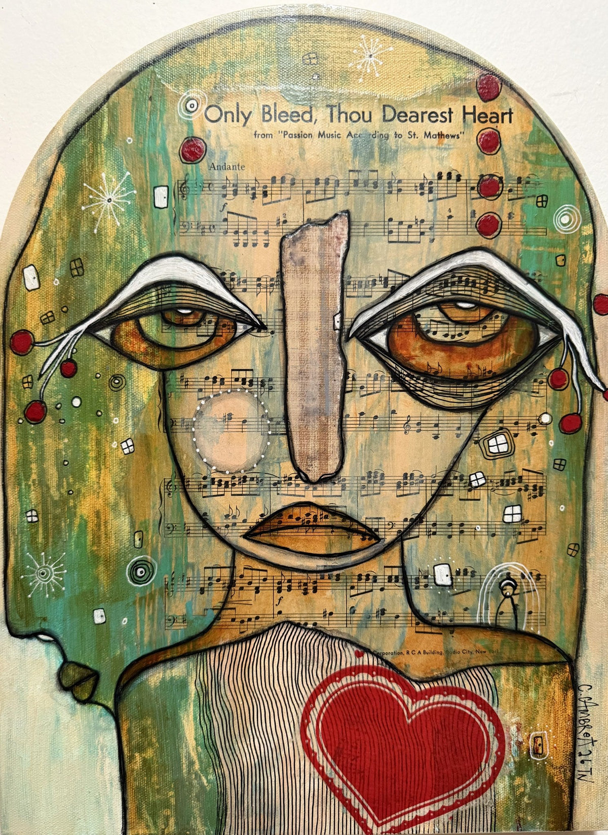 Full view of the arched wood panel face painting with sheet music, red heart, and red accents.