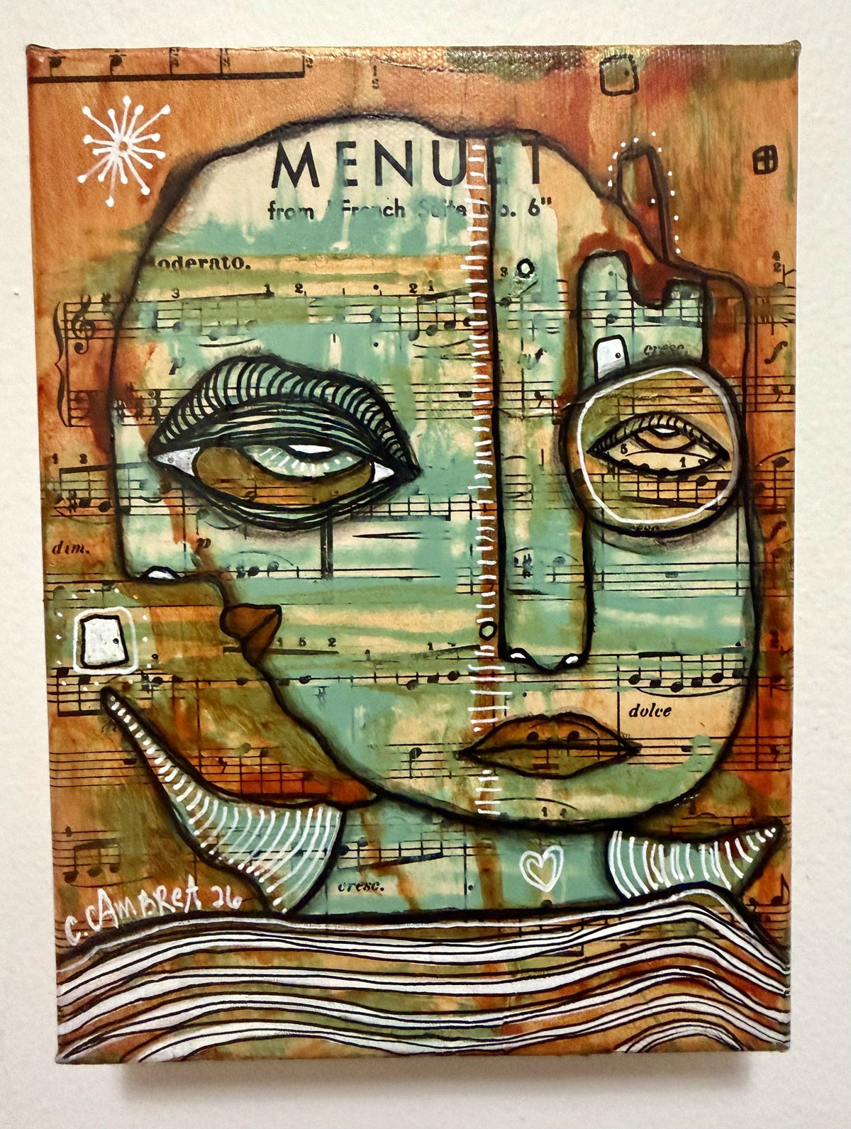 Mixed media pareidolia painting on canvas with a face emerging from vintage sheet music and layered abstract paint