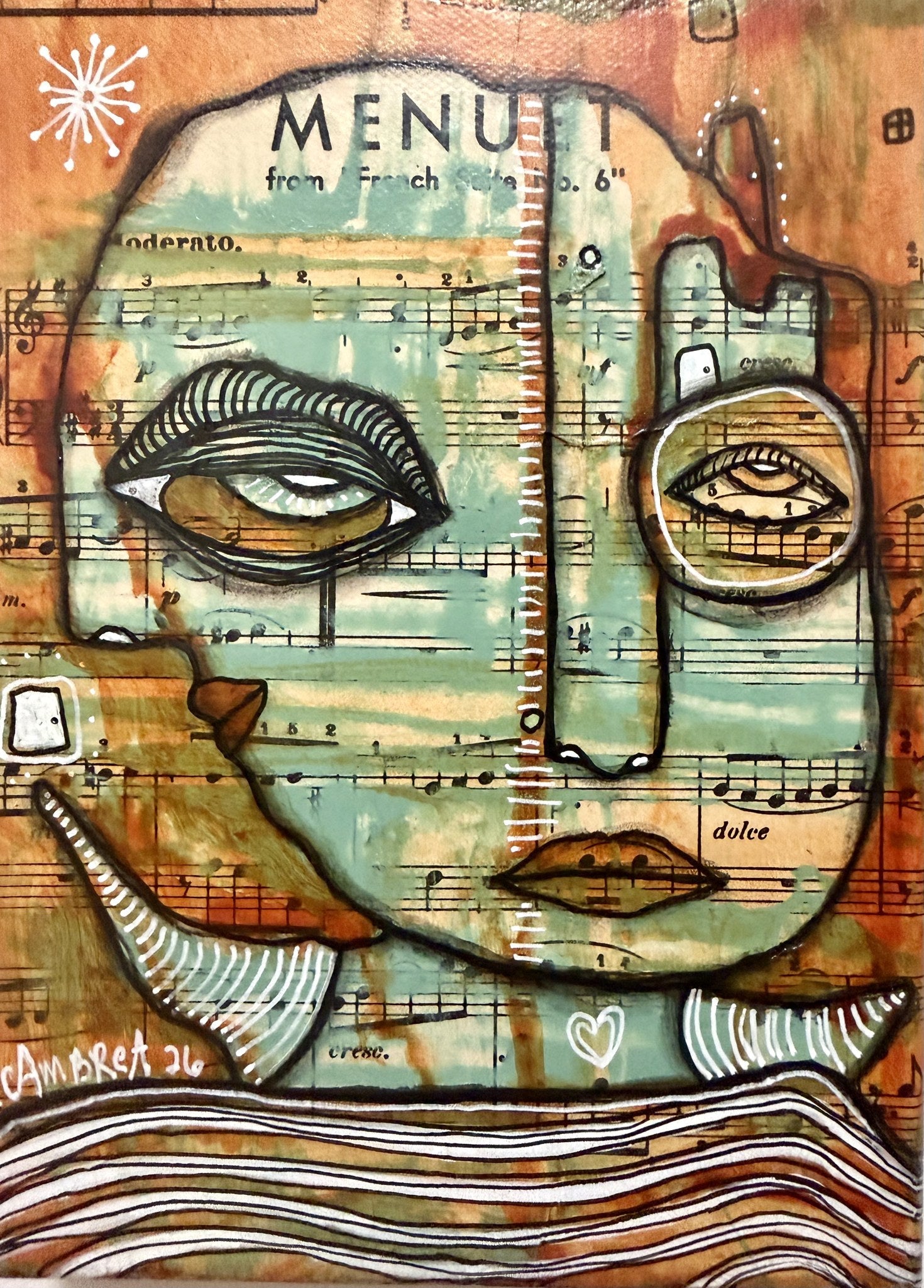 Front view of the abstract pareidolia face painting, eyes and lips formed from vintage sheet music collage