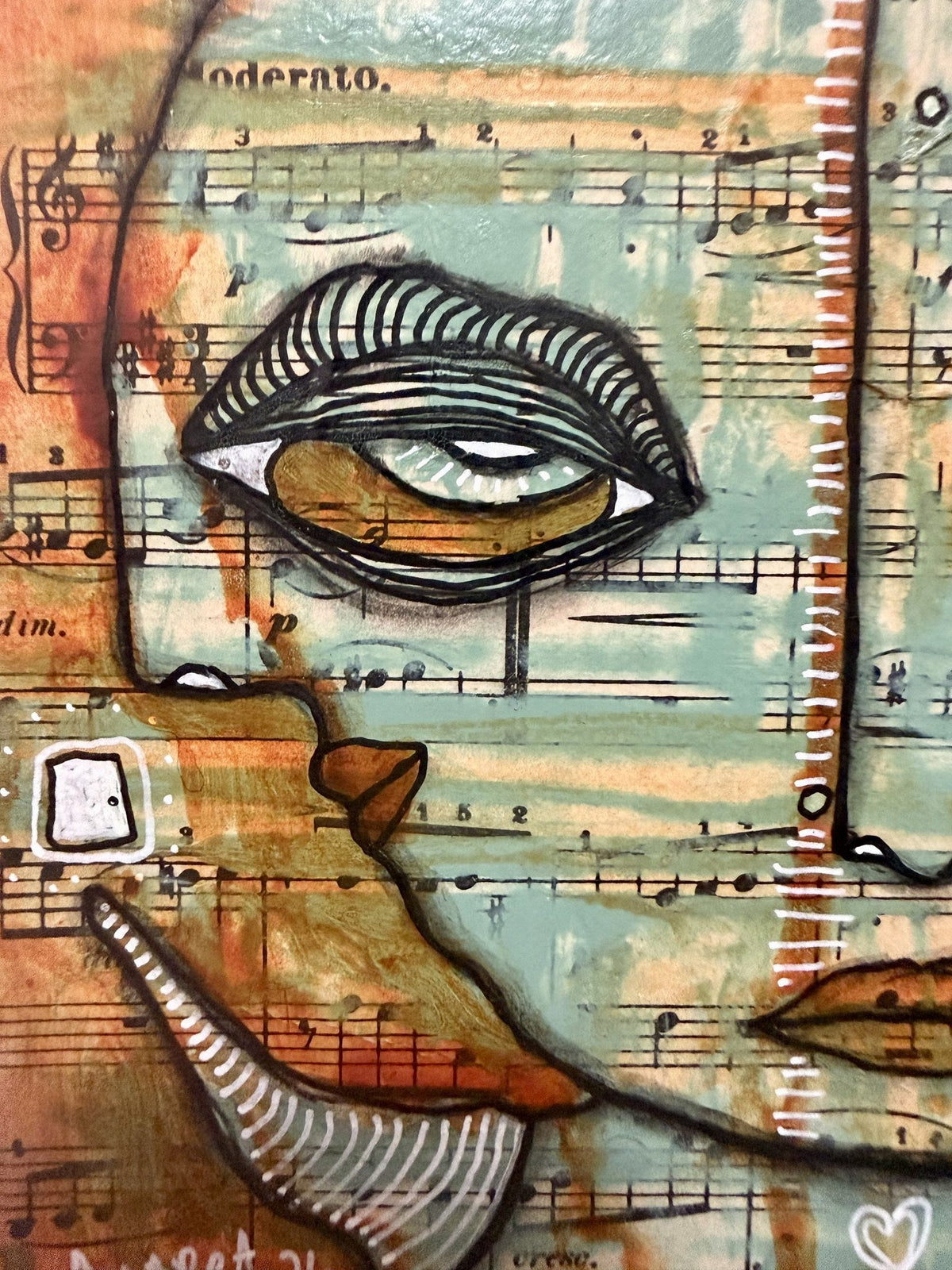 Close-up detail of one eye rendered over vintage sheet music, showing fine linework and texture