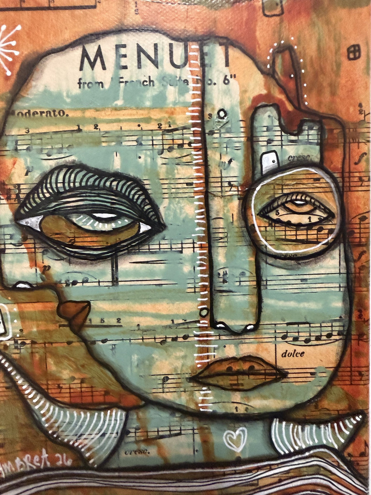 Straight-on view of the finished painting, a mystical face with two eyes emerging from sheet music layers