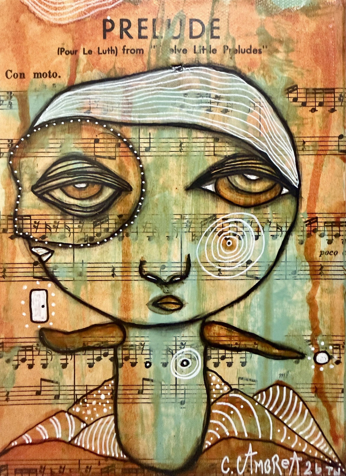 Whimsical mixed media face painting on vintage sheet music paper, big eyes, spiral cheek patterns, hidden creatures