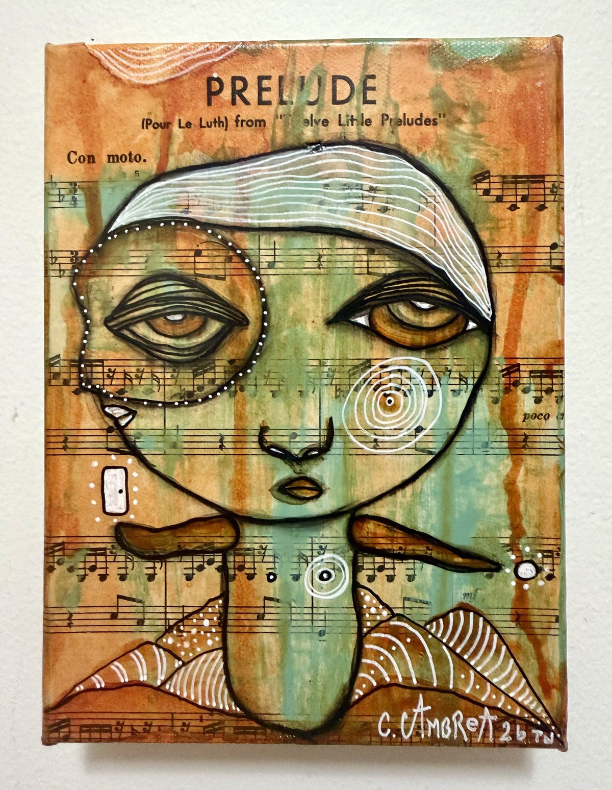 Front-facing view of mixed media canvas painting, wide-eyed figure over antique sheet music background
