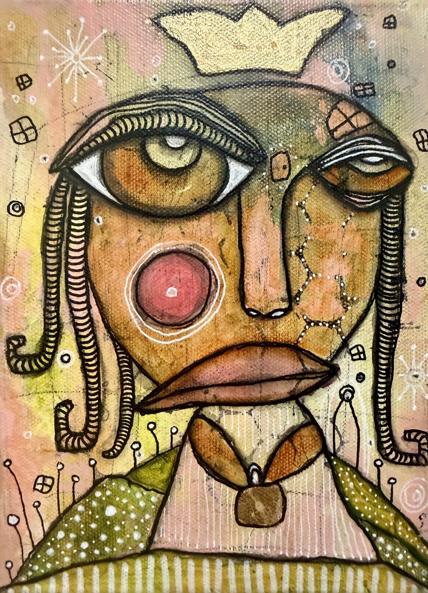 Original mixed media face painting on canvas featuring a gold crown, wide eye, and pink cheek.