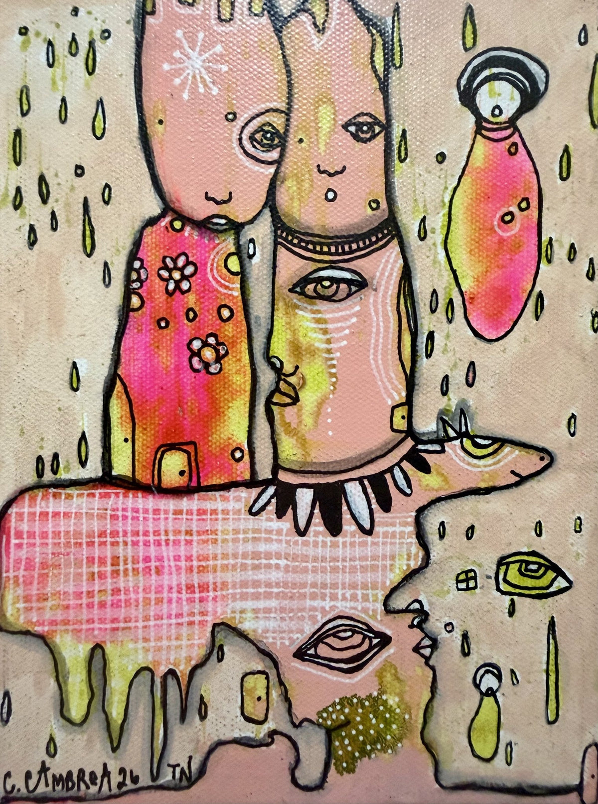 Original mixed media painting on canvas featuring two abstract figures with hidden eyes and pink floral patterns.
