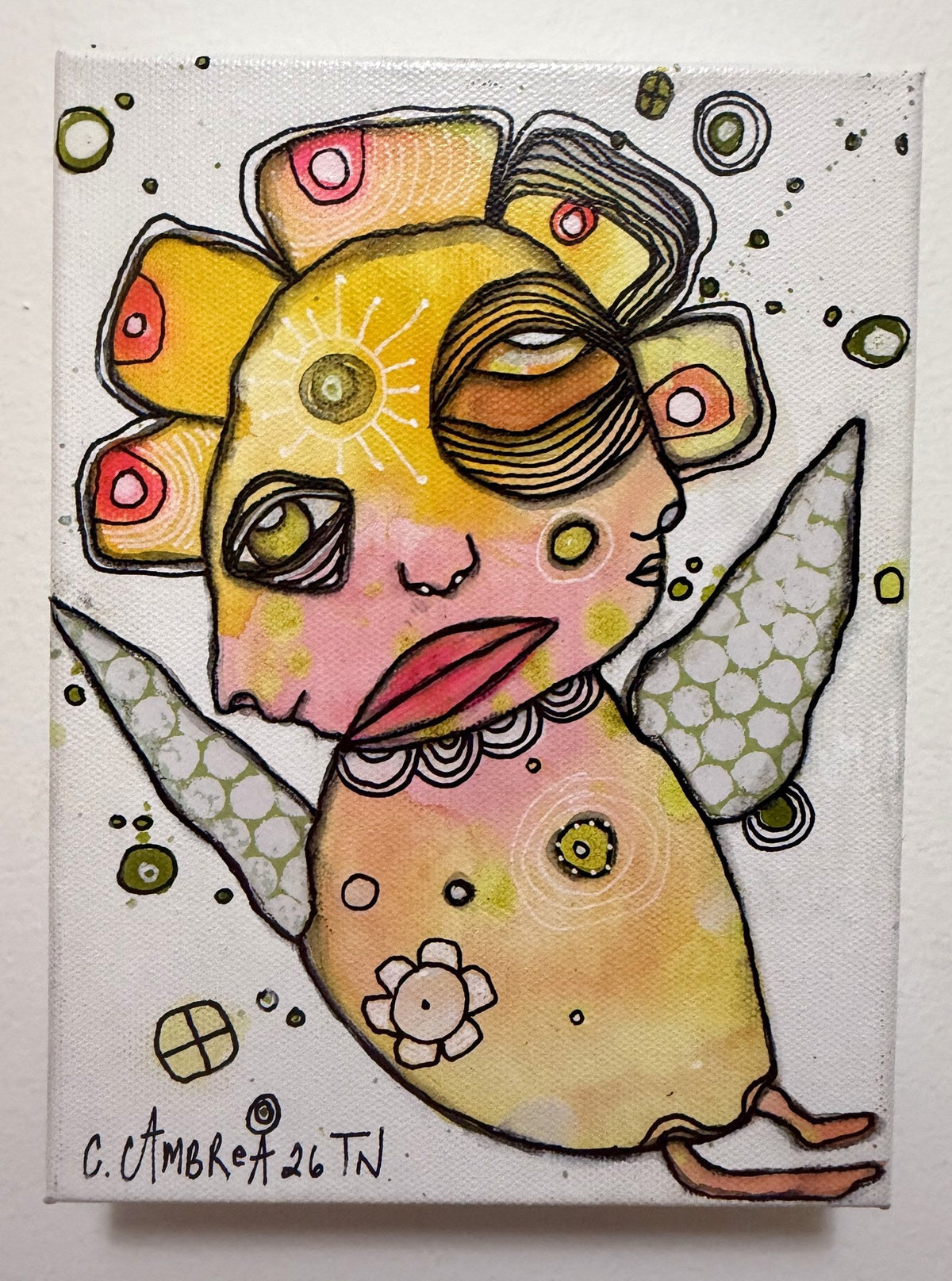 Original mixed media painting of a winged pareidolia creature with a flower petal crown and dotted wings