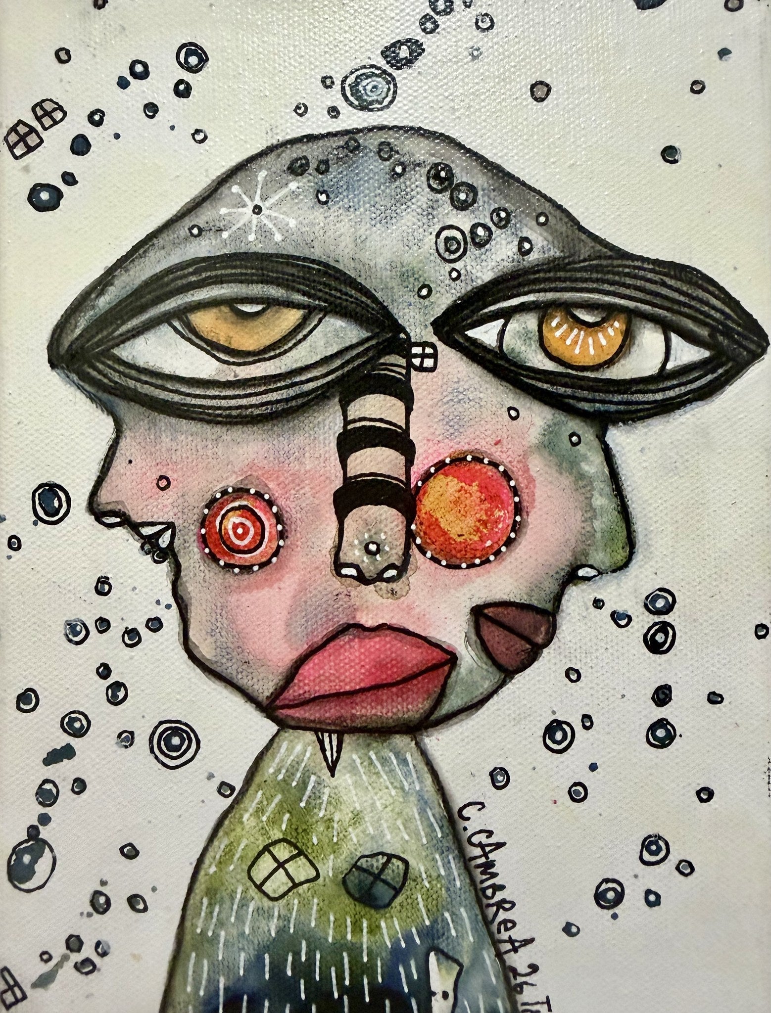 Mixed media painting of a spectral face with two eyes, striped snout, and dotted red cheeks.