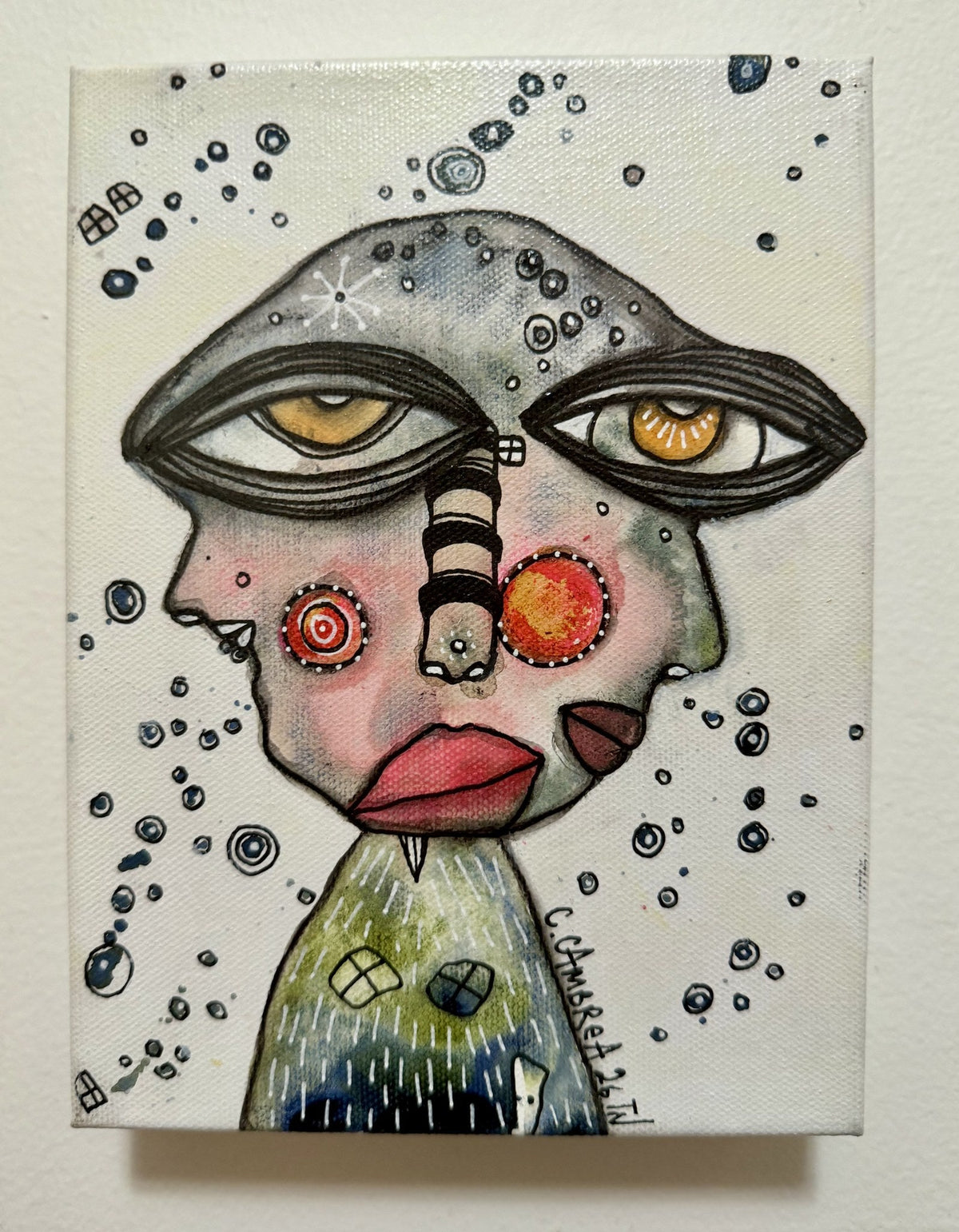 Full canvas view of the surreal pareidolia portrait with layered eyes and speckled dot patterns.