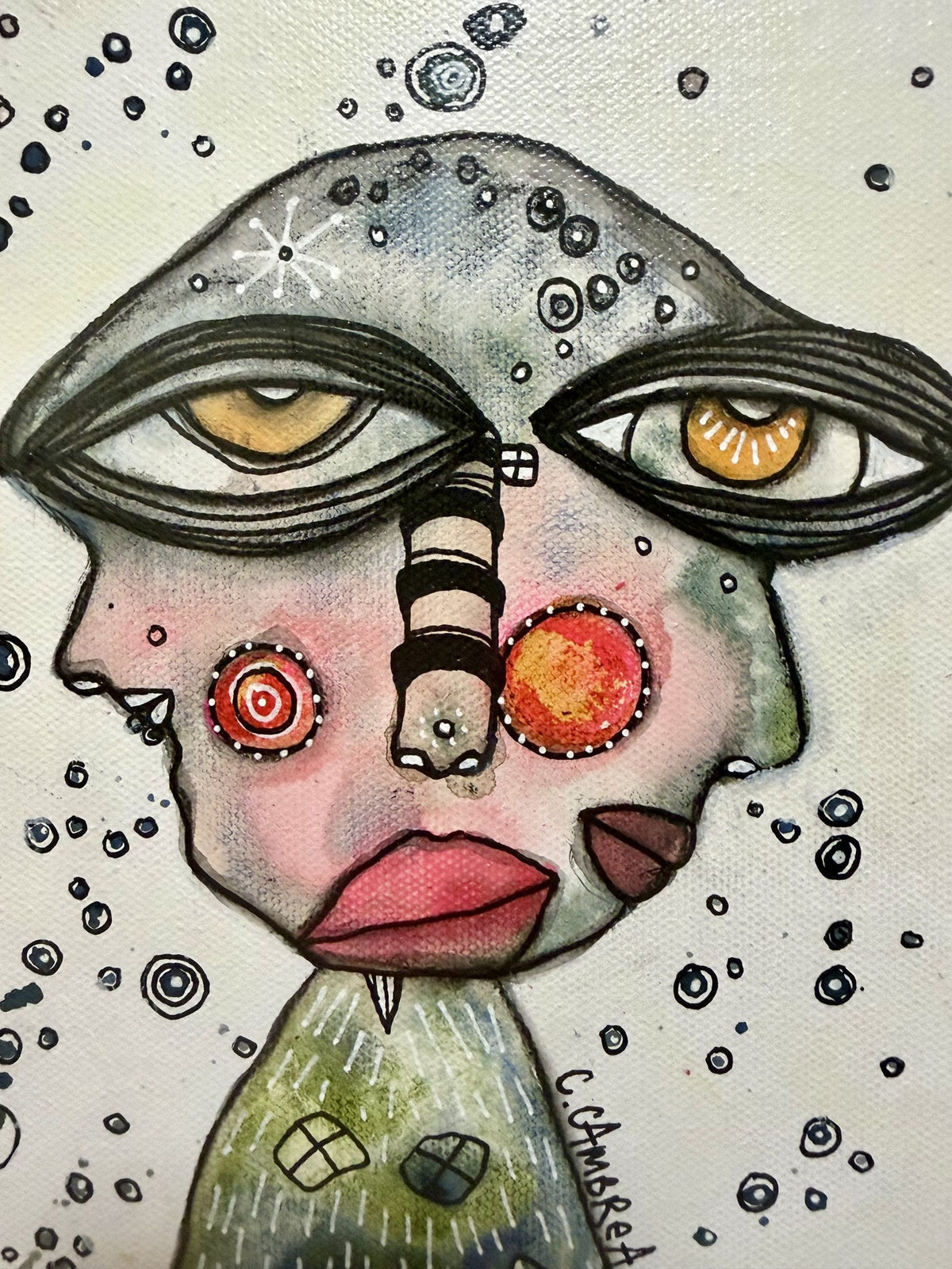 Close-up detail of the painted eyes, striped nose, and circular cheek motifs on canvas.