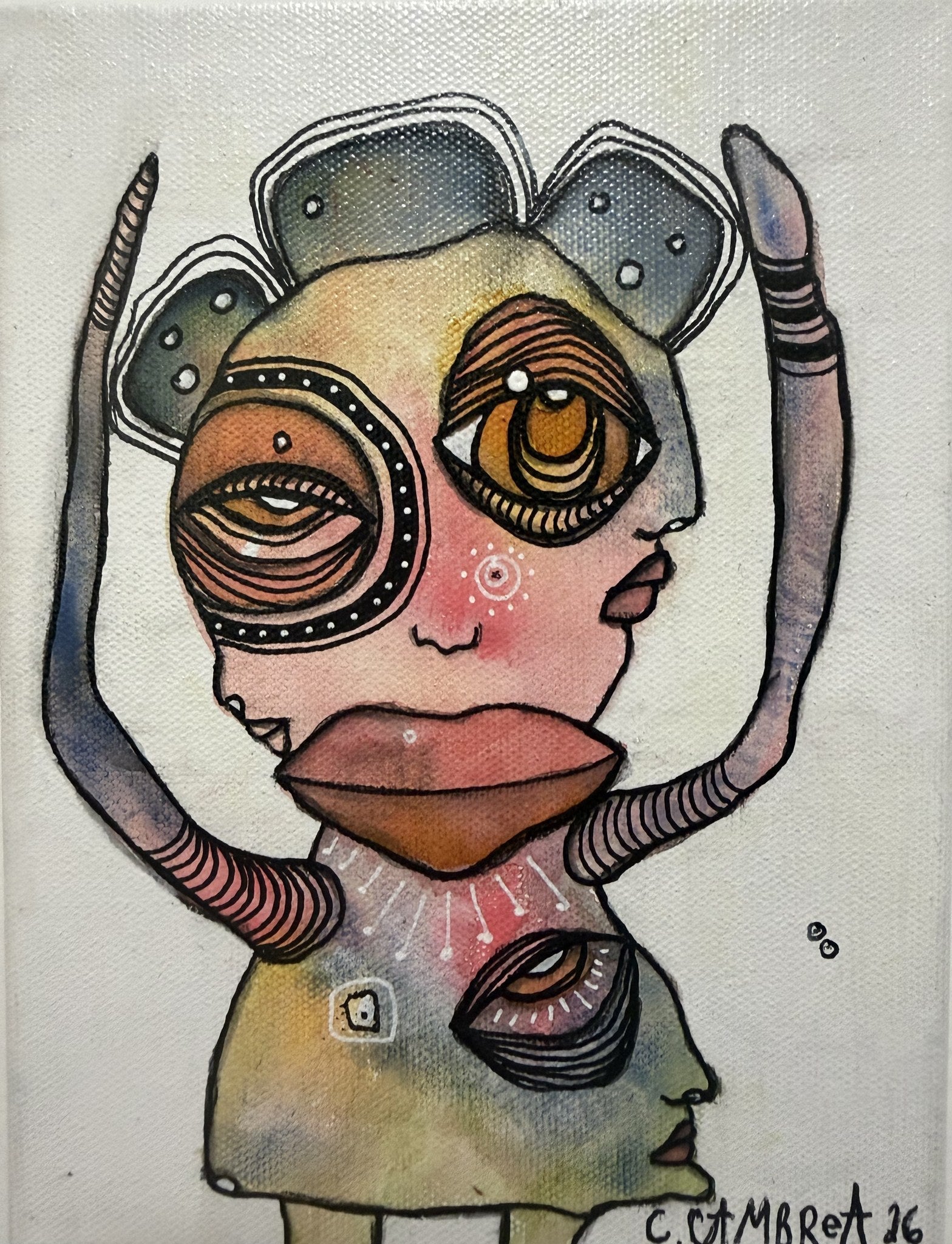 Mixed media painting of a wide-eyed pareidolia figure with layered concentric eyes and raised striped arms