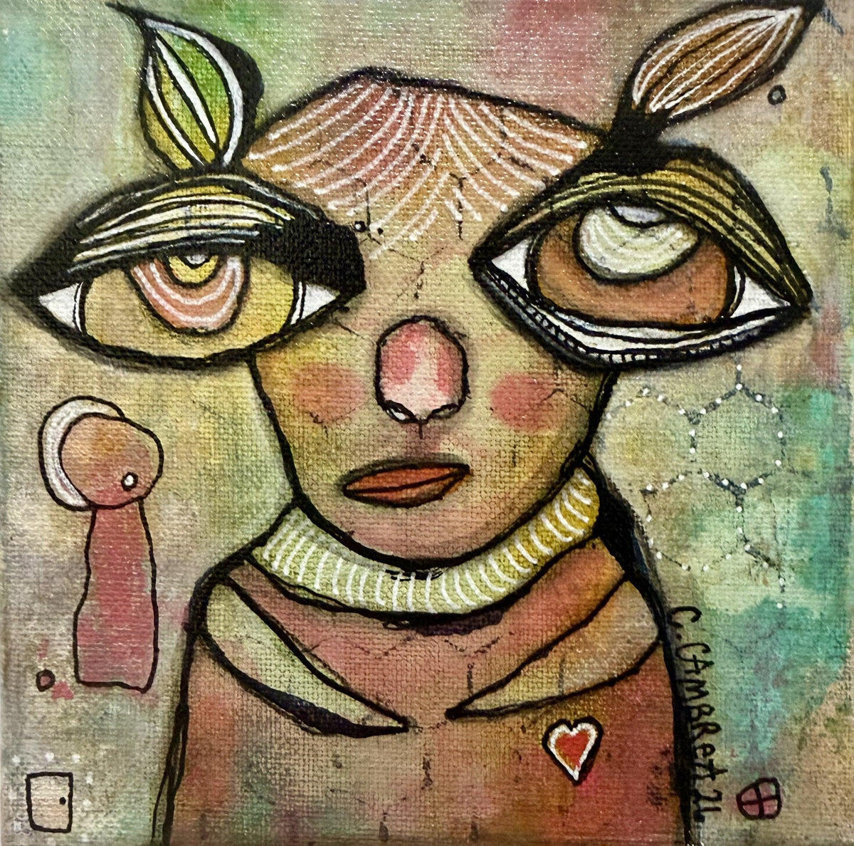 Full canvas view of a mixed media painting: a face with two large layered eyes, rabbit-ear lashes, and a small hidden creature and red heart.