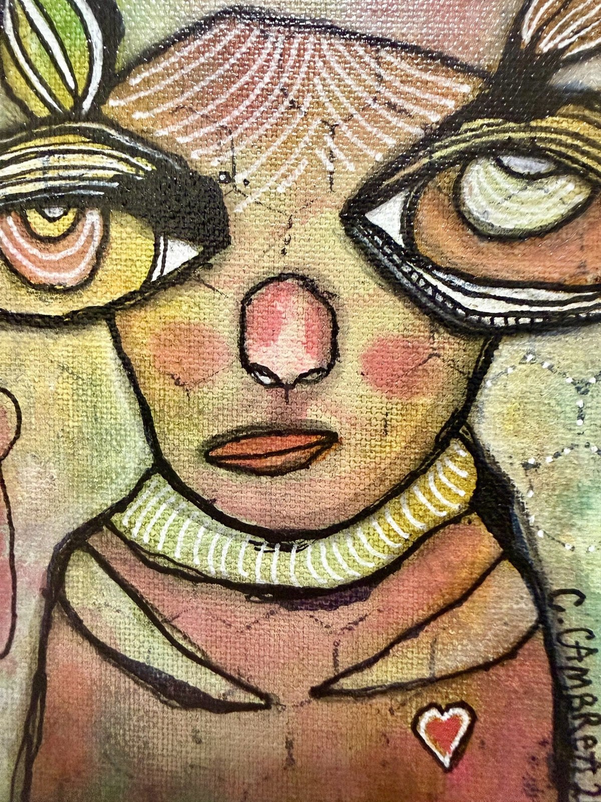 Detail close-up of the layered pastel eyes and dreamy face, with a faint honeycomb pattern and hidden figures peeking through the background.