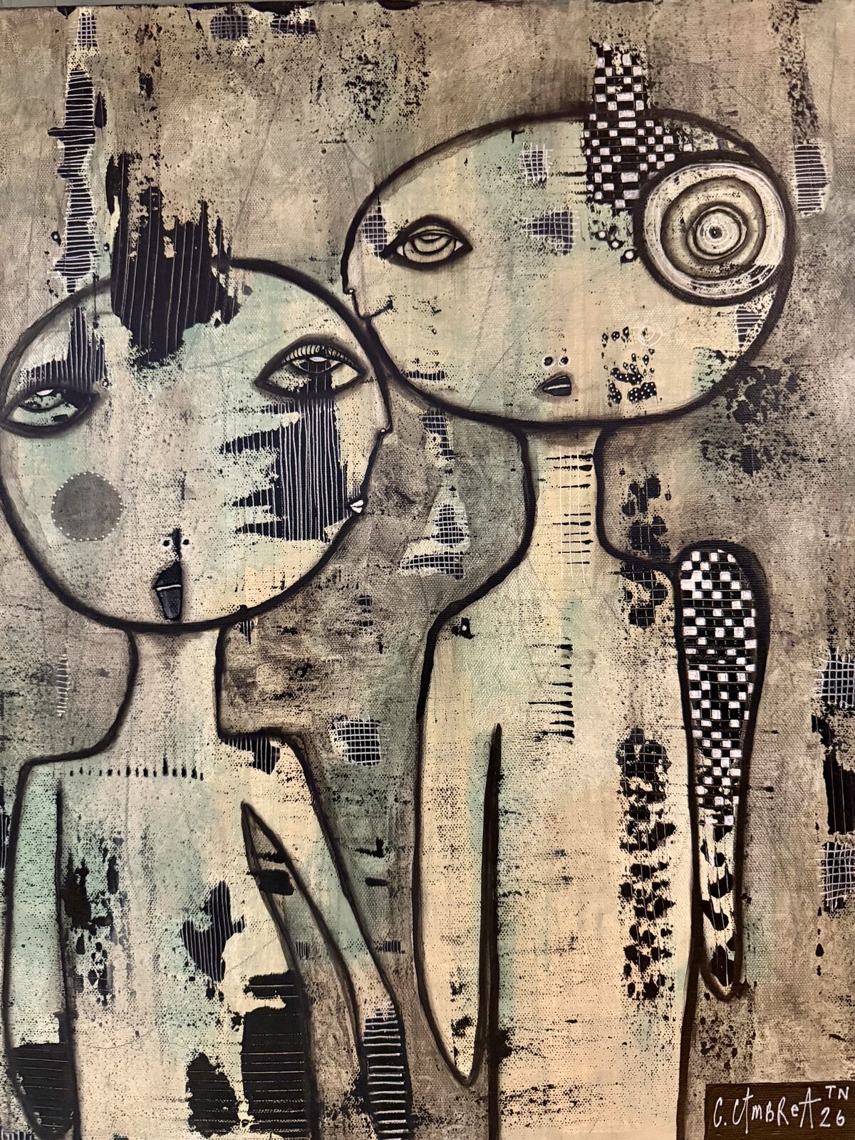 Full front view of "We Meet Again" original painting on canvas showing both figures and checkerboard patterned detail