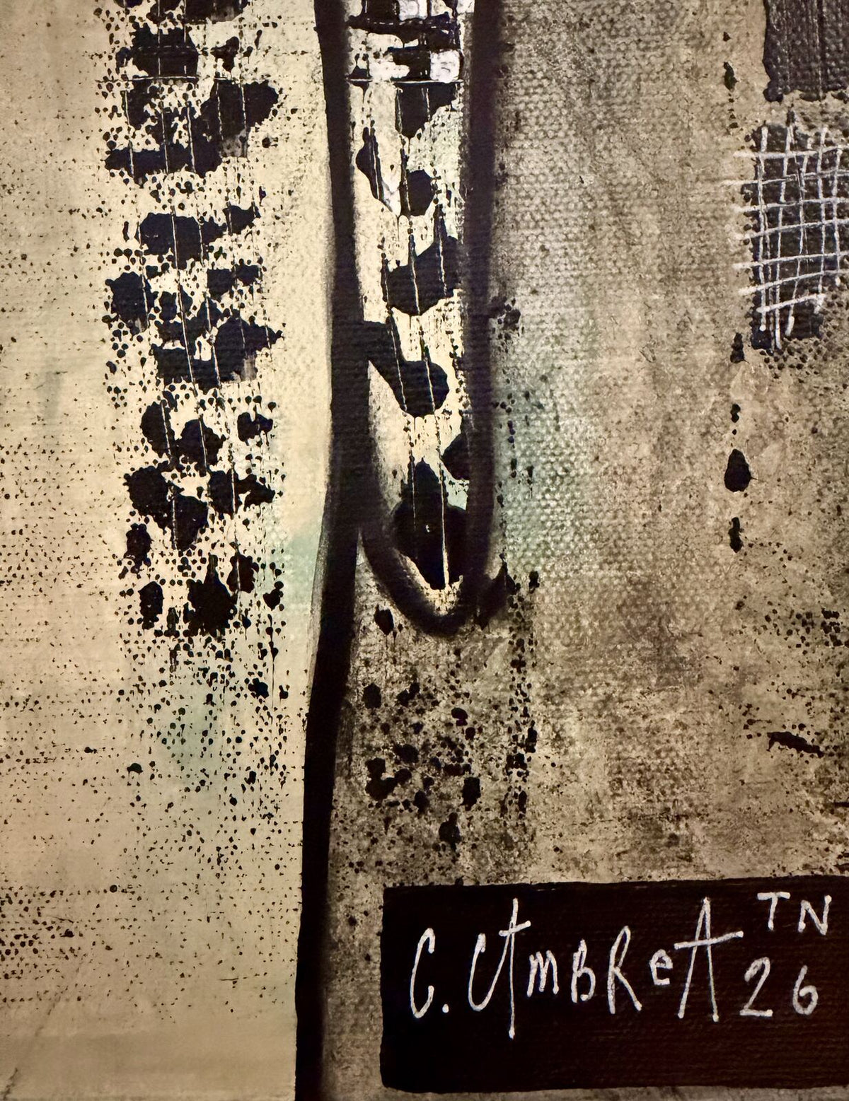 Close-up detail of textured drip painting and signature area in "We Meet Again"