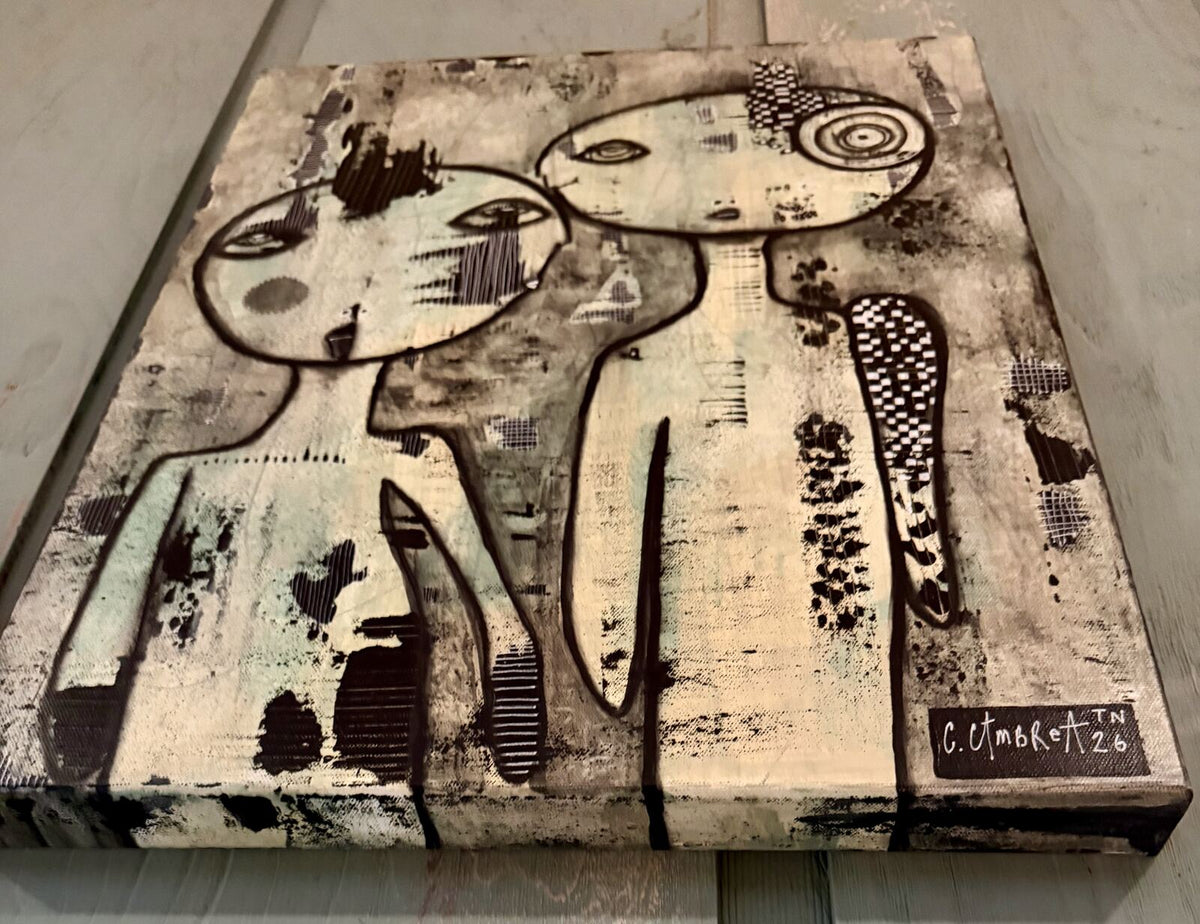 Angled side view of "We Meet Again" showing both figures and canvas depth