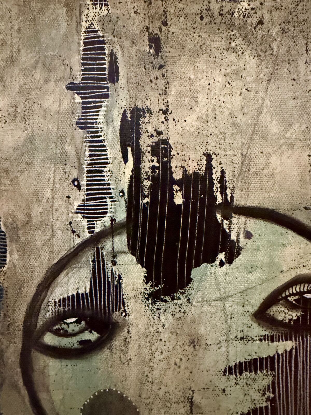 Close-up detail of the textured drip painting and eyes in "We Meet Again"