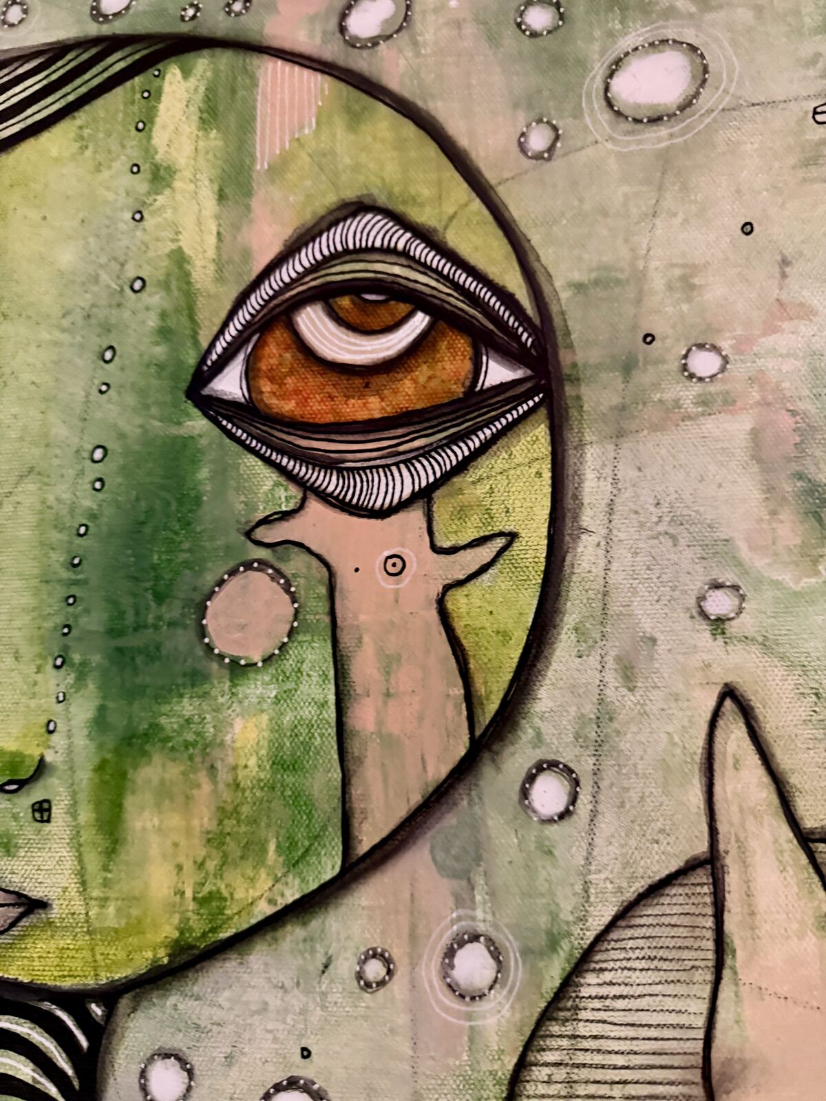 Detail of the large brown eye and nose in "Connected"