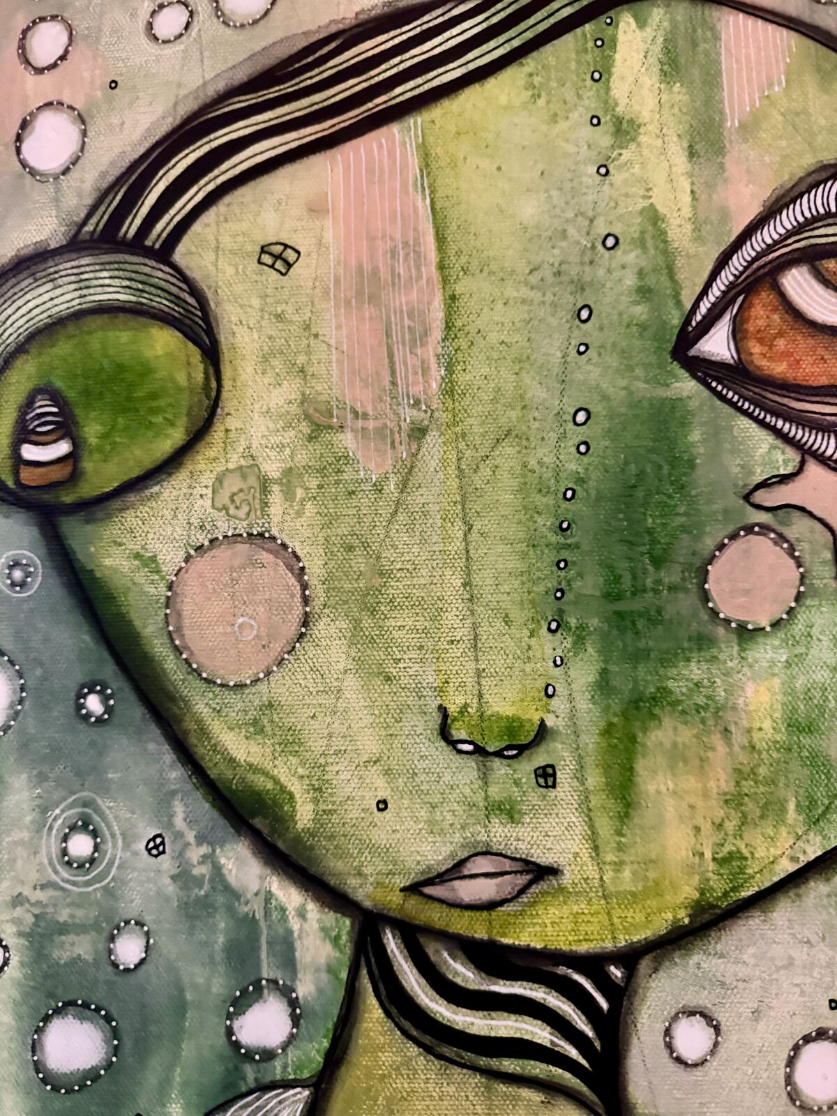 Close-up detail of the green face and bubble texture in "Connected"