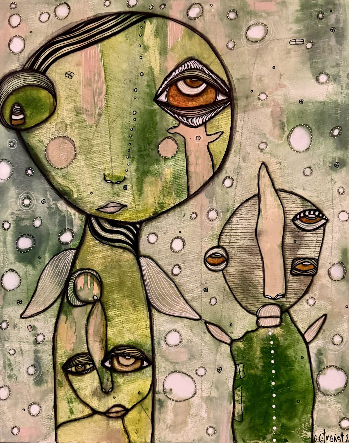 Full front view of "Connected" original painting on canvas, signed by C. Cambrea