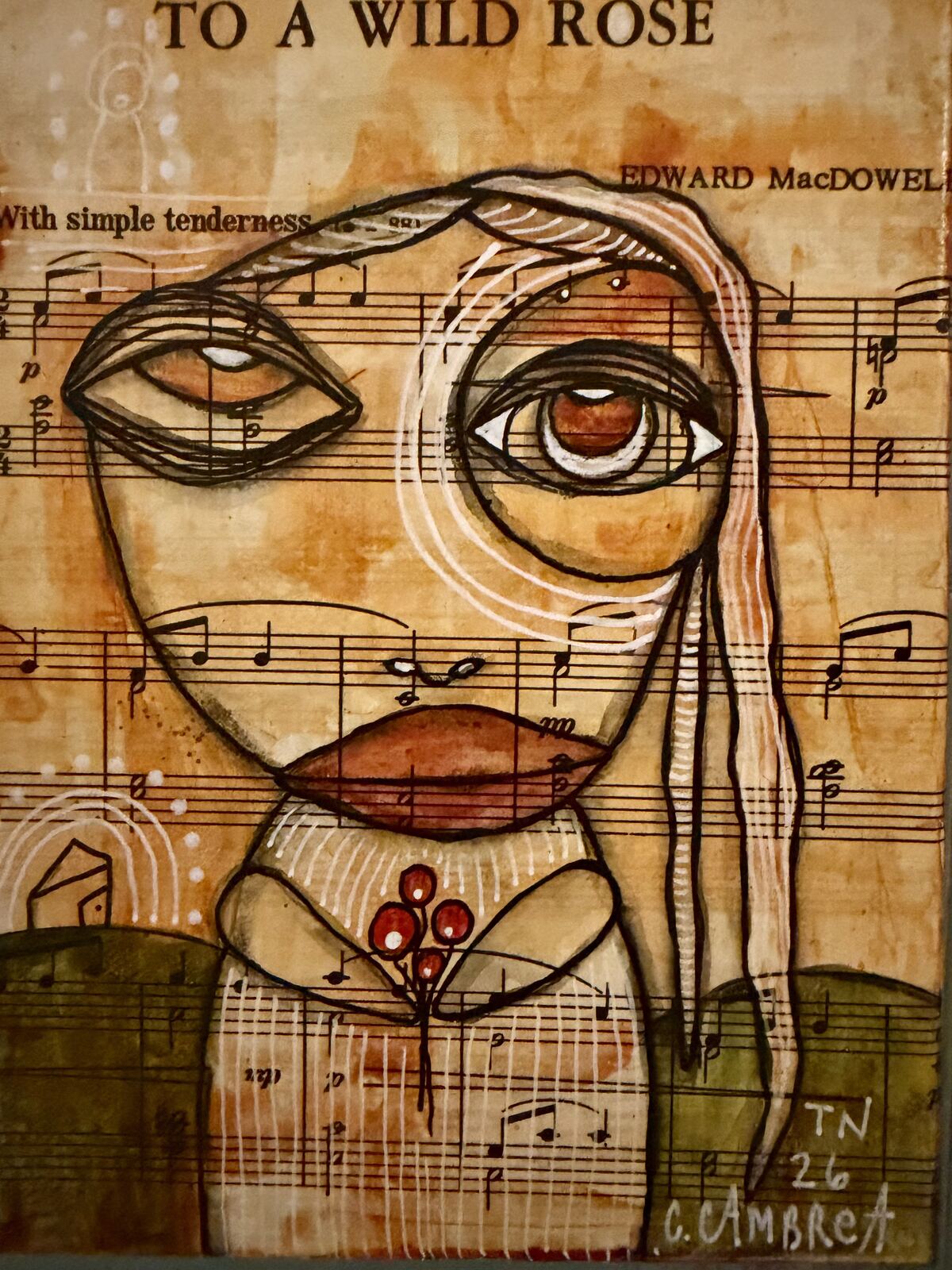 Full front view of "To A Wild Rose" mixed media painting on vintage sheet music collage, featuring a face with a large eye and flowing hair, holding red berries