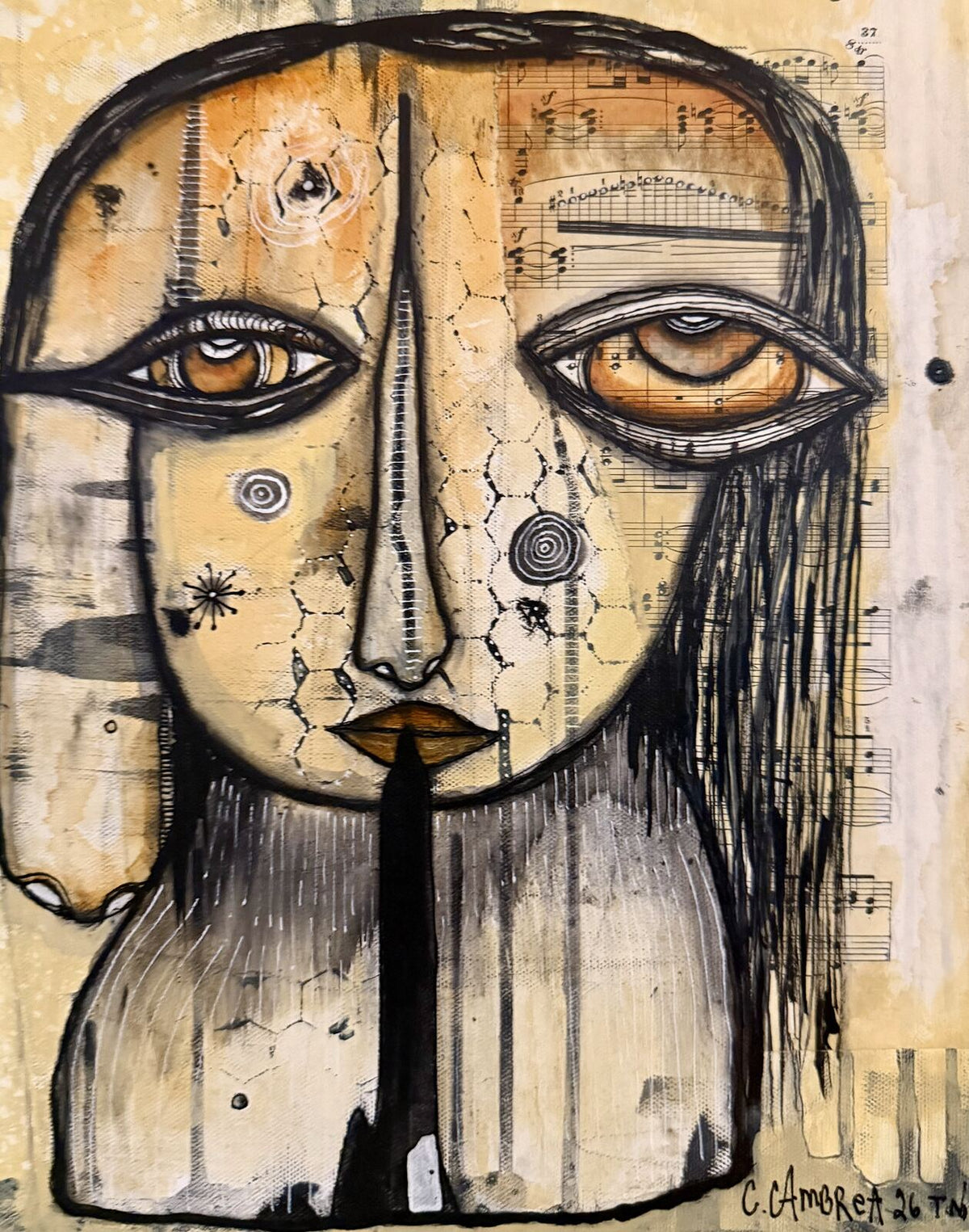 Full front view of "Welcome" mixed media painting on vintage sheet music collage, featuring a split-tone face with honeycomb texture and large eyes