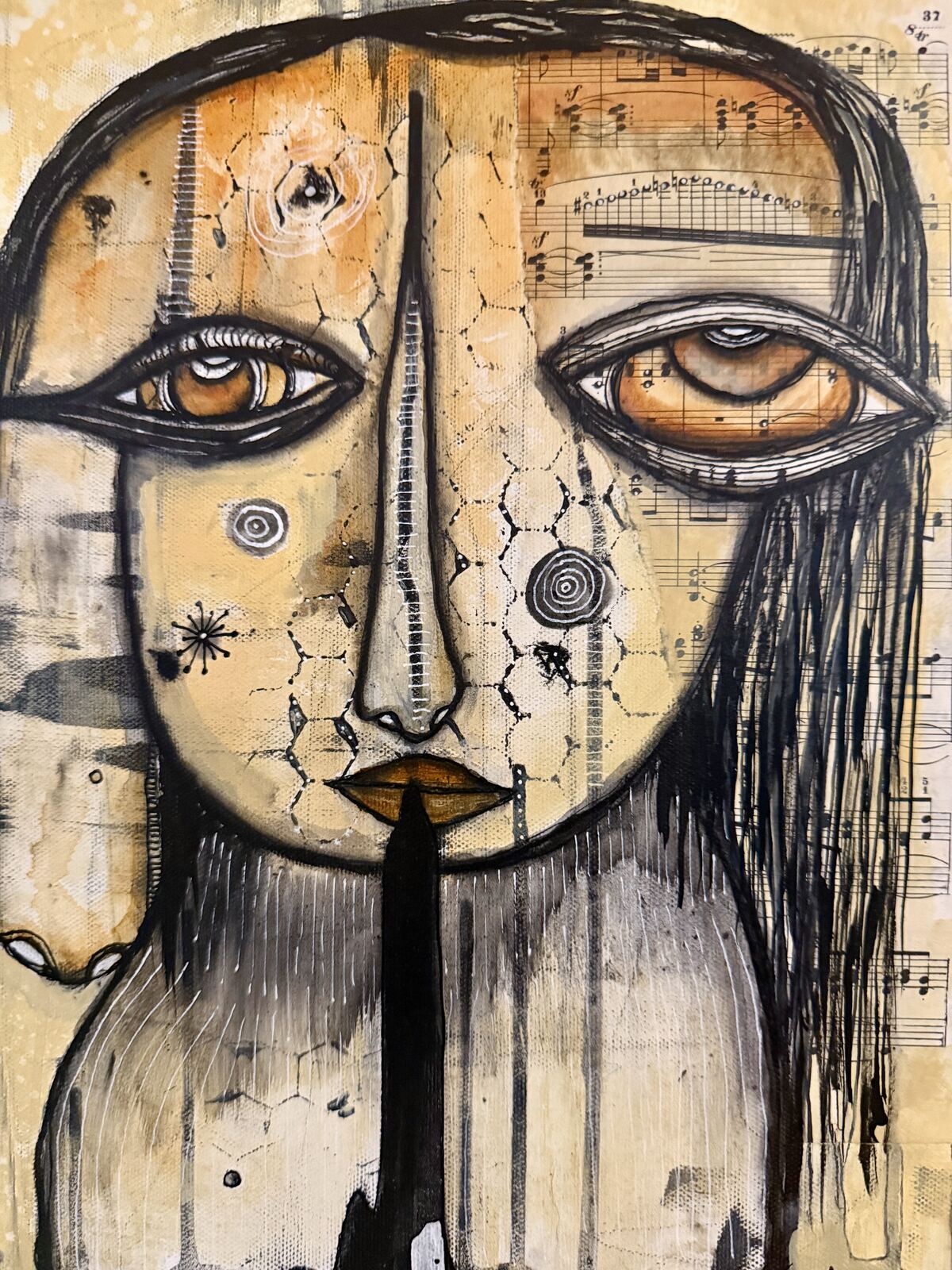 Full front view of "Welcome" original painting on canvas showing the sheet music background and honeycomb face detail
