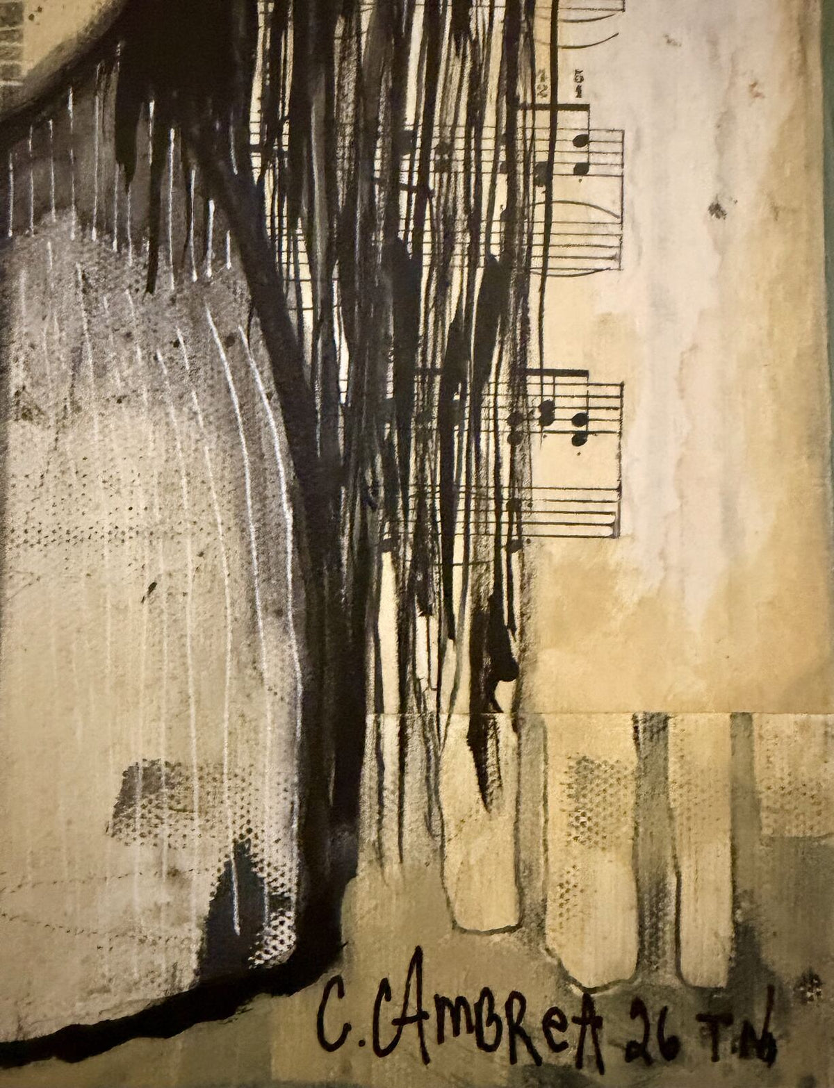 Close-up detail of the drip painting and canvas edge in "Welcome", signed by C. Cambrea