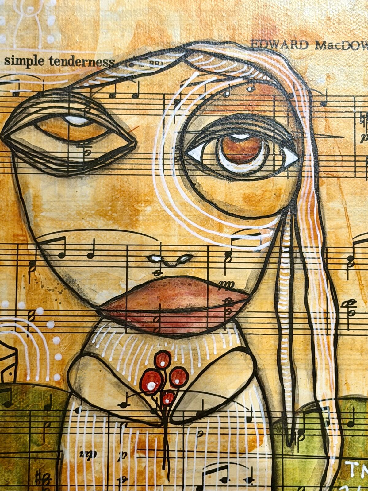 Full front view of "To A Wild Rose" original painting on canvas showing the sheet music background and title text
