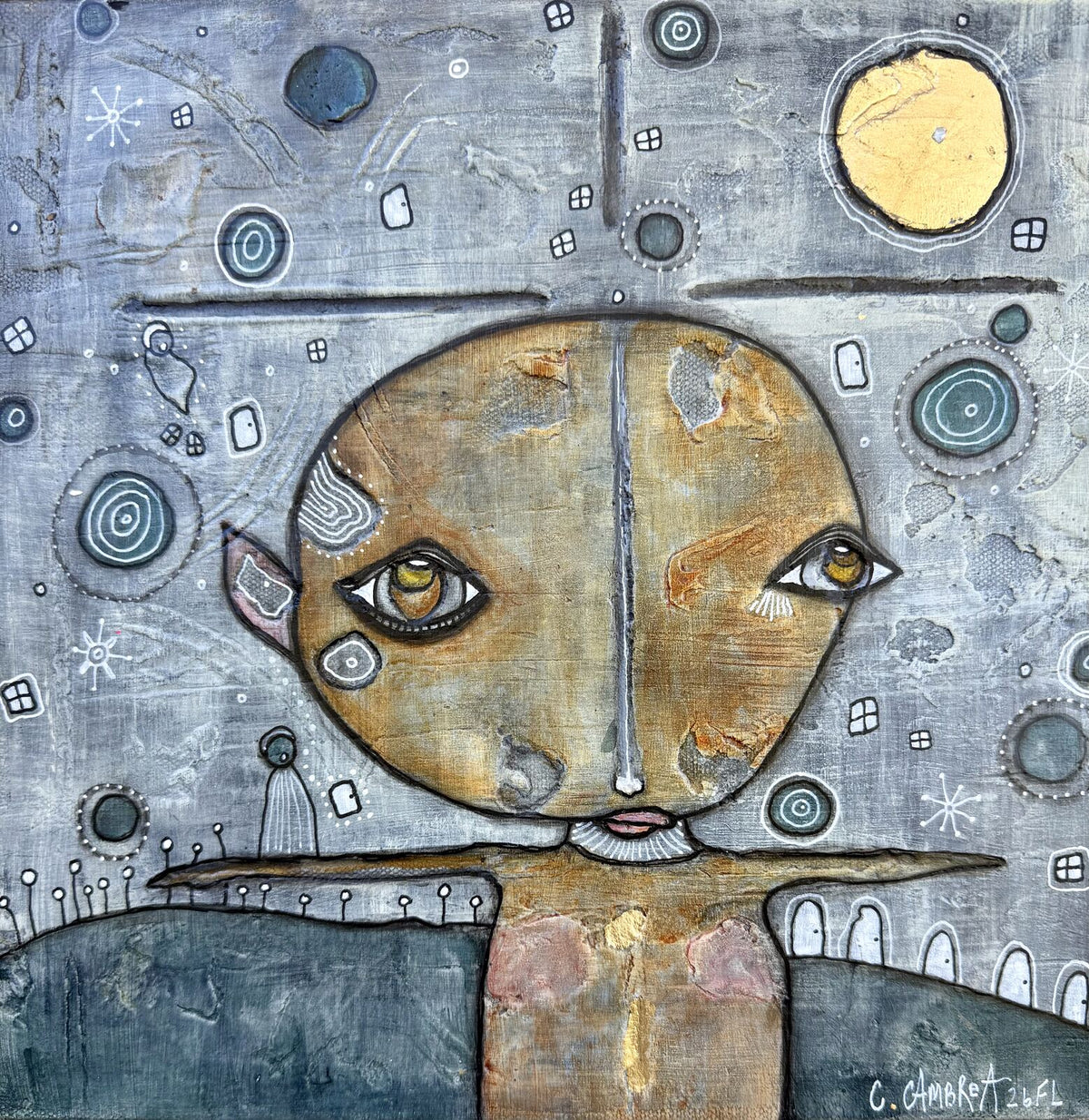 Full front view of "Under The Moon" original painting on canvas showing the golden face, night sky motifs, and landscape detail