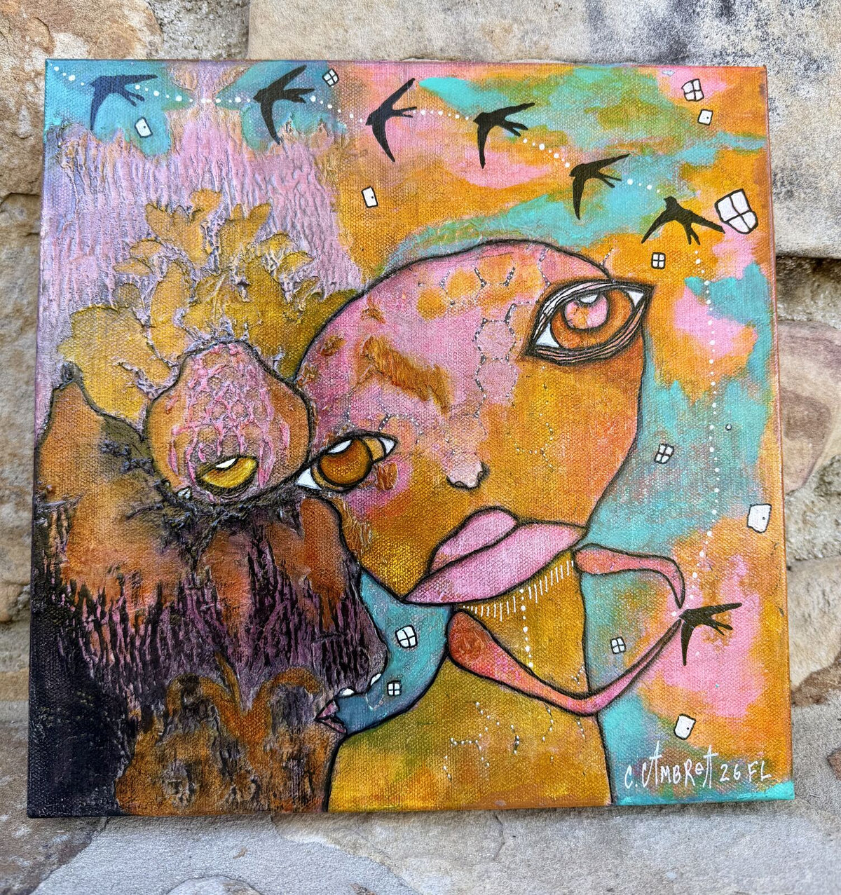 Full front view of "My Rock" mixed media painting showing a colorful face beside a pink geode-like companion, with swallows in flight against a pink and teal sky