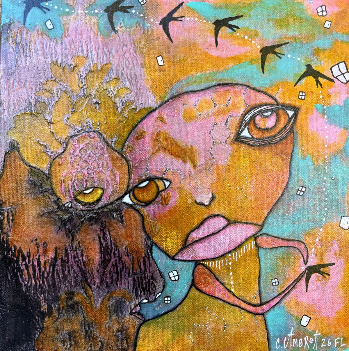 Full front view of "My Rock" original painting on canvas showing the face, honeycomb detail, and flying birds