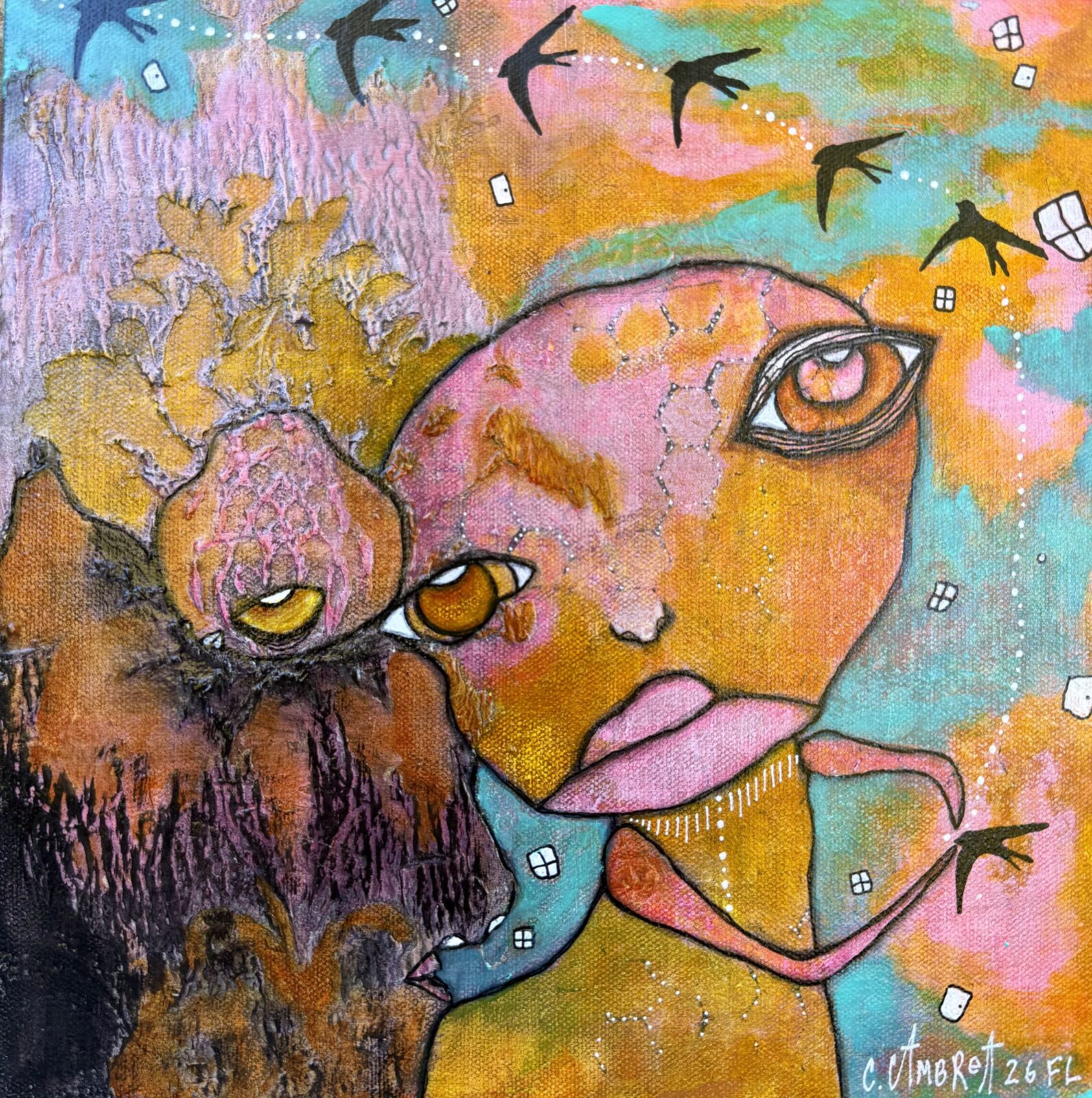 Full front view of "My Rock" original painting on canvas showing the face, honeycomb detail, and flying birds