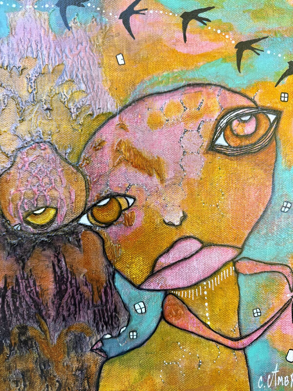 Close-up detail of the eye and honeycomb texture in "My Rock"