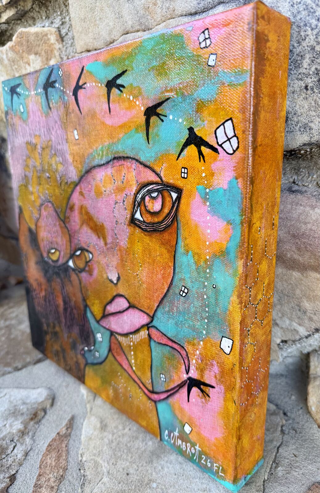 Angled view of "My Rock" showing the face and canvas depth, signed by C. Cambrea