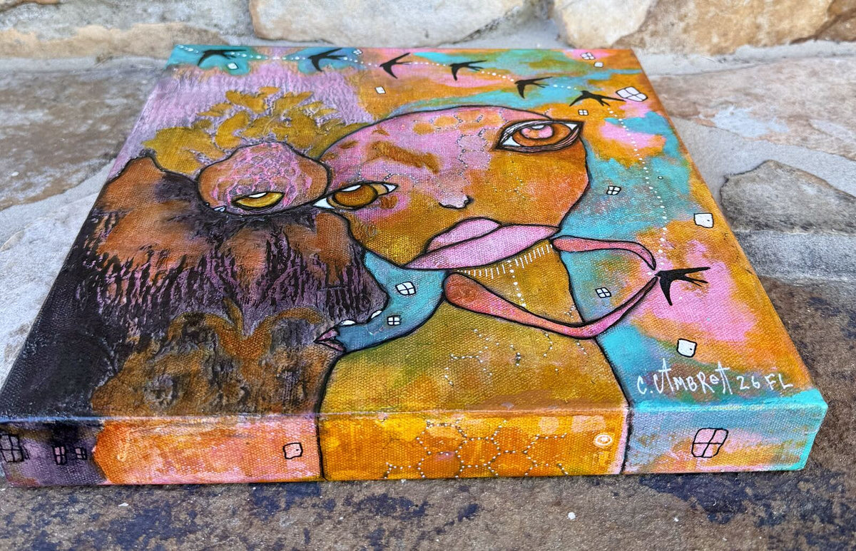 Full angled view of "My Rock" showing the face, geode companion, and canvas depth, signed by C. Cambrea
