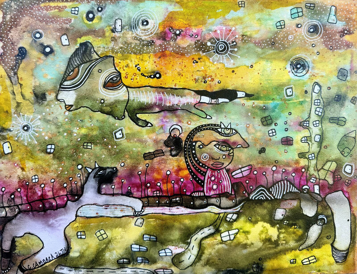 Full front view of "The In Between" original painting on canvas showing the dreamlike scene with floating creature, girl, and cat