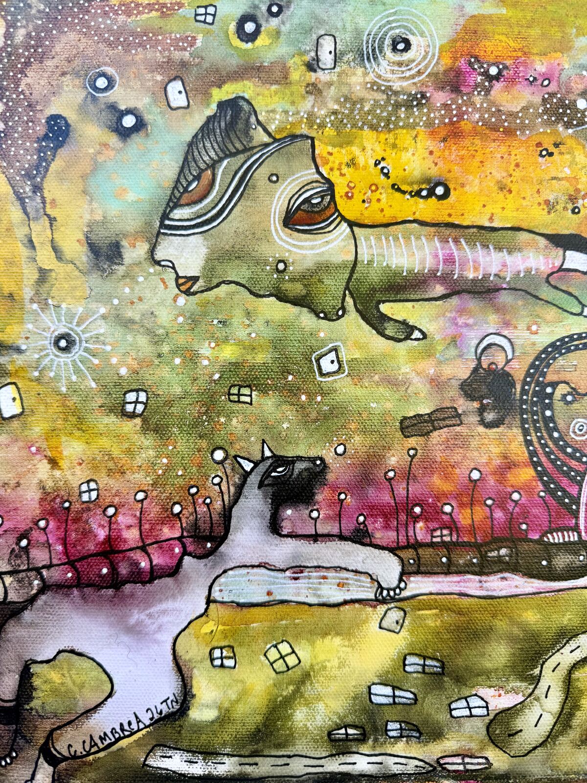 Close-up detail of the floating creature and cat in "The In Between"