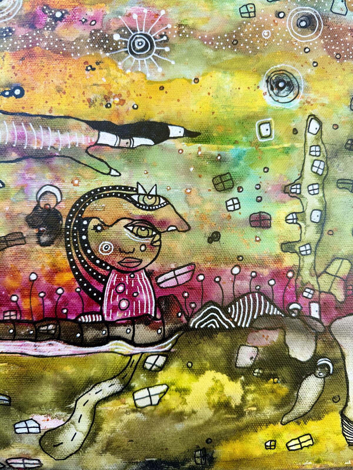 Close-up detail of the girl figure with spiral crown and eyes in "The In Between"