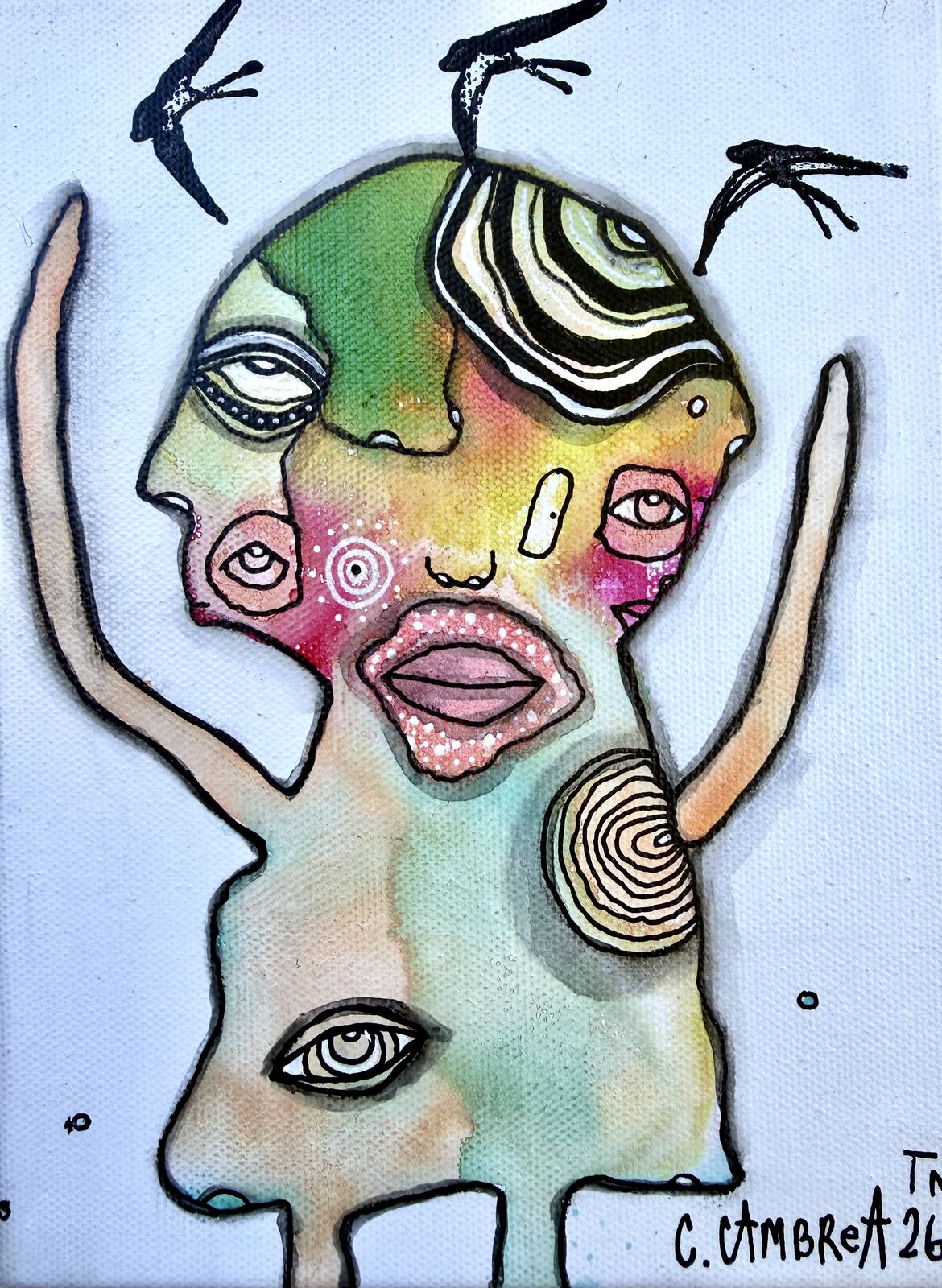 Full front view of "Let Them Fly" original painting on canvas showing the multicolored face with scattered eyes and swallows above