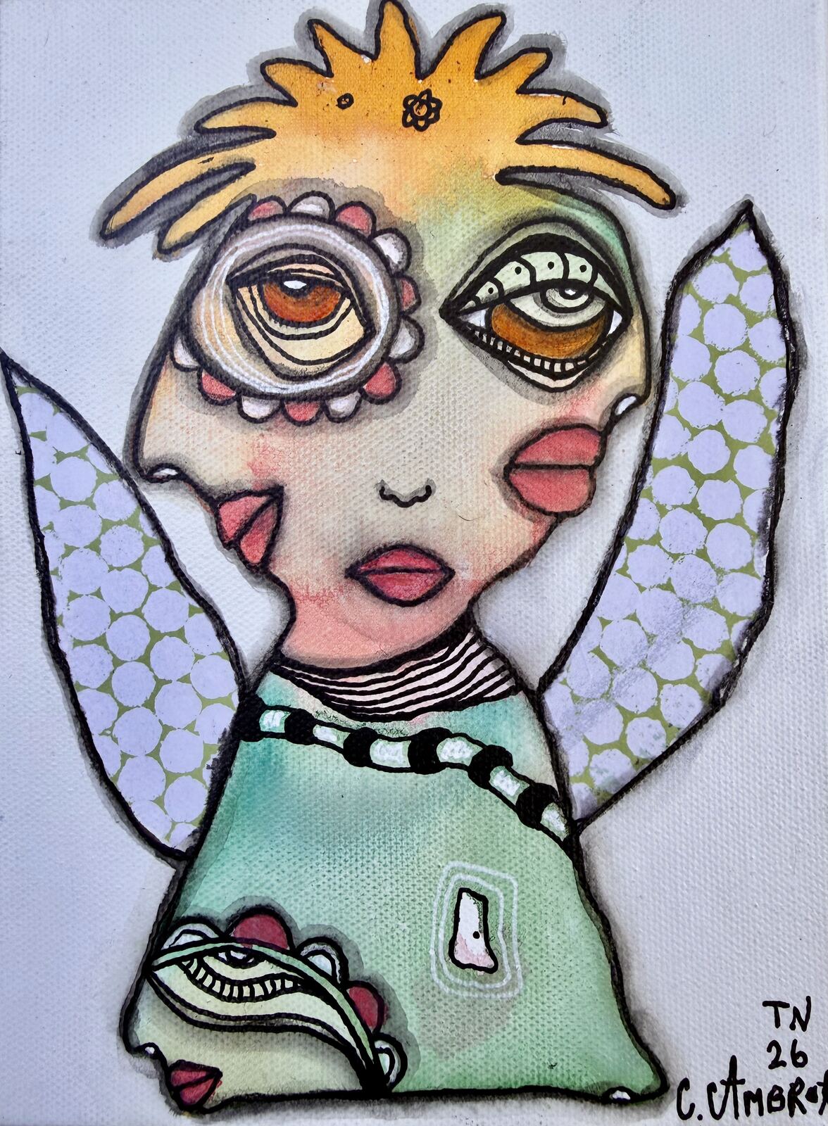 Full front view of "I See What I See" original painting on canvas showing the winged figure and paper collage detail