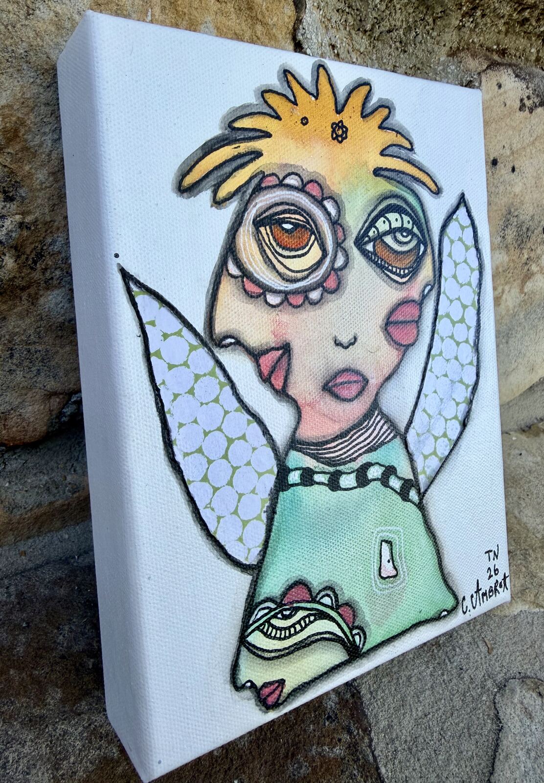 Angled view of "I See What I See" showing the canvas edge and depth, signed by C. Cambrea
