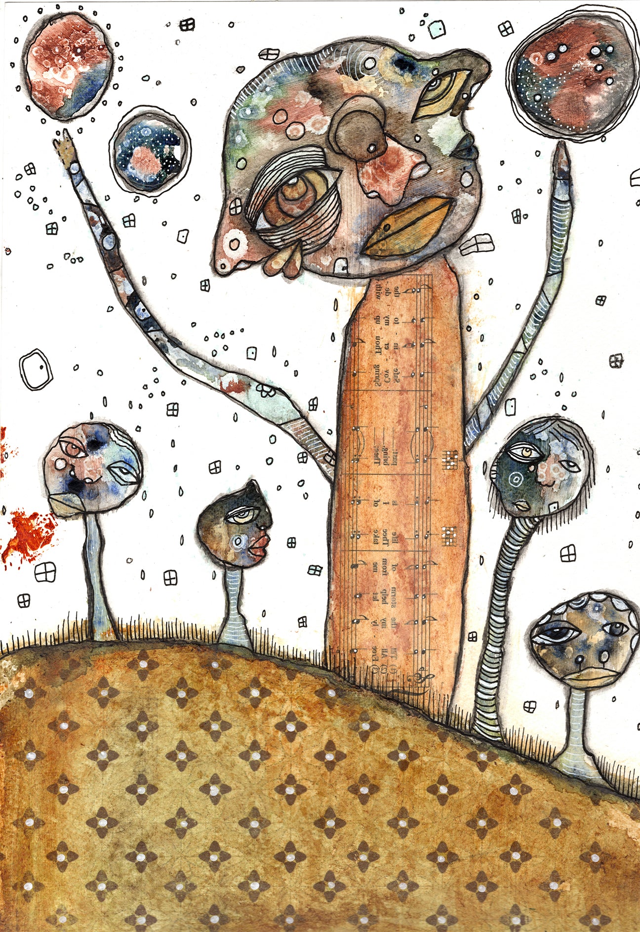 "Our Friends" Original Mixed Media Collage Art on Watercolor Paper