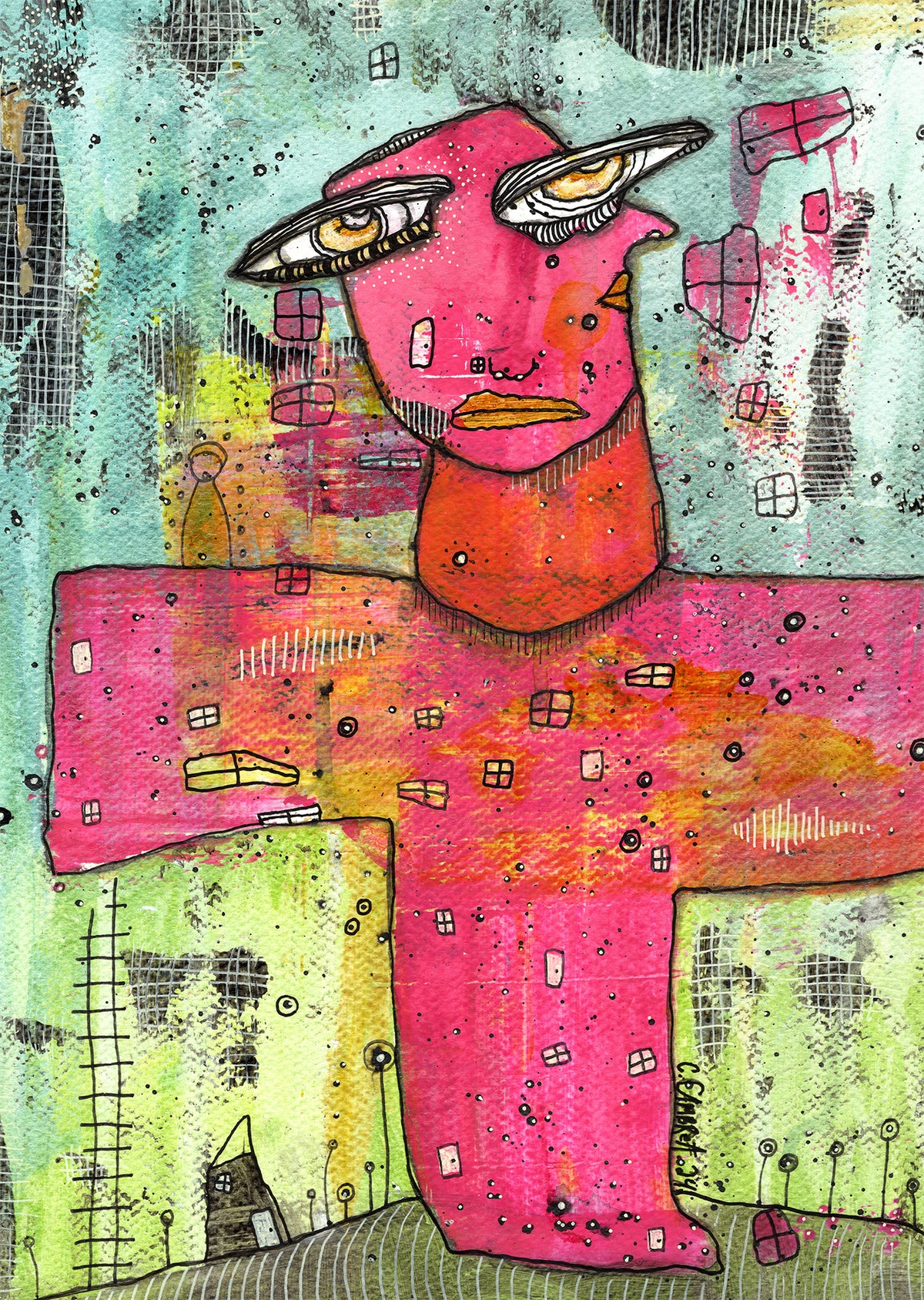 &quot;Pinky&quot; Original Mixed Media art on Watercolor Paper