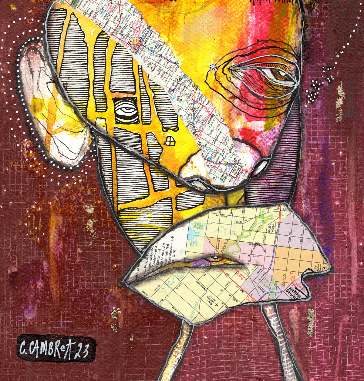 &quot;We&#39;ve got places to go&quot;  Original Mixed Media Art Collaged Maps on Watercolor Paper